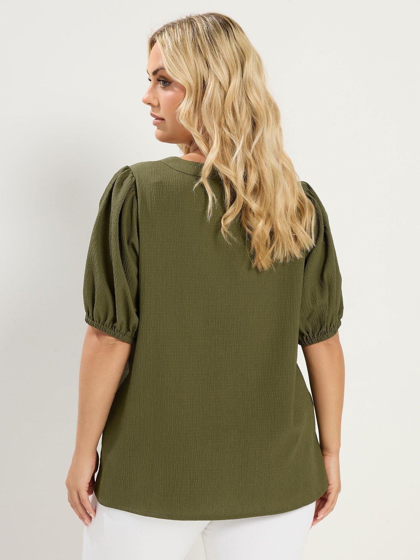Image 2 of 4 of Yours Curve Button Texture Short Sleeve Blouse - Green
