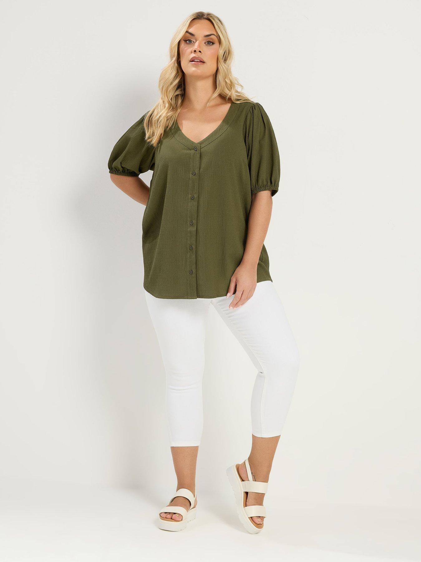 Image 3 of 4 of Yours Curve Button Texture Short Sleeve Blouse - Green