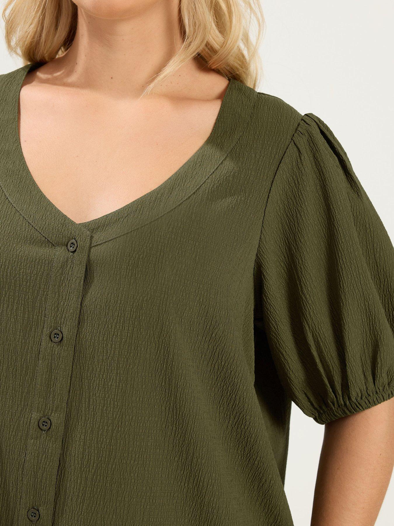 Image 4 of 4 of Yours Curve Button Texture Short Sleeve Blouse - Green