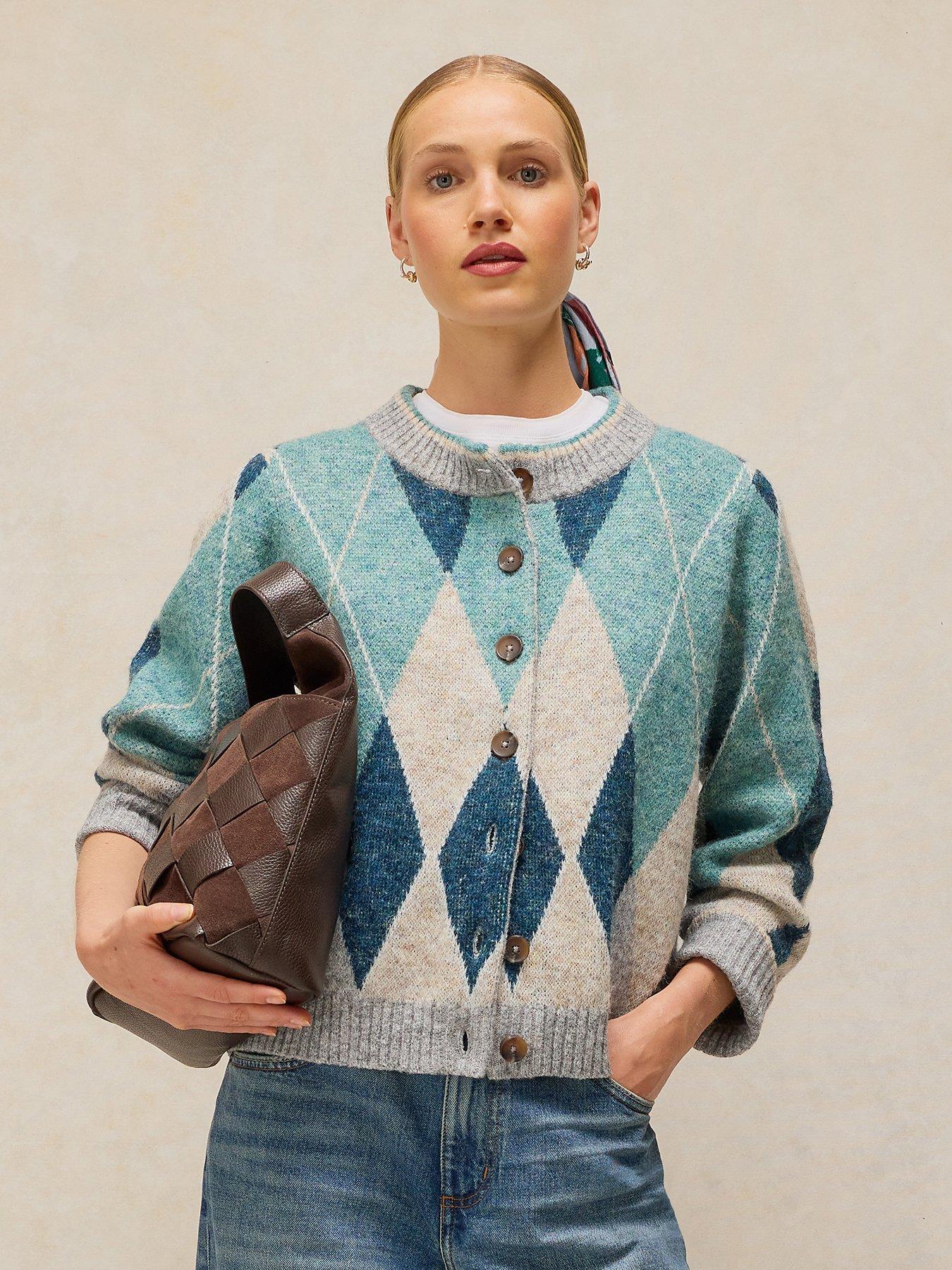 White Stuff Argyle Check Button-Through Cardigan - Blue