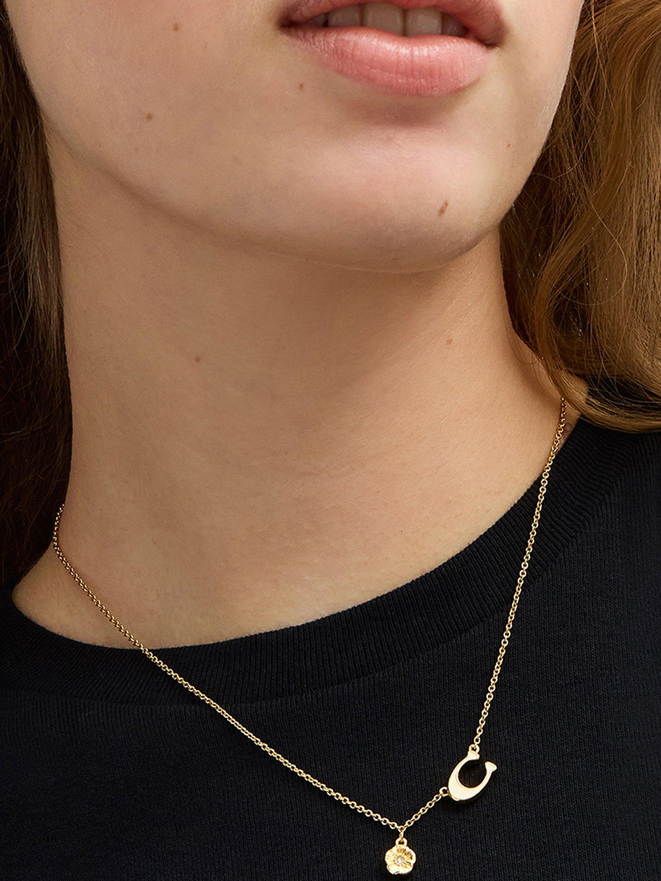COACH Enamel Signature Tea Rose Charm Pendant Necklace - Gold Tone