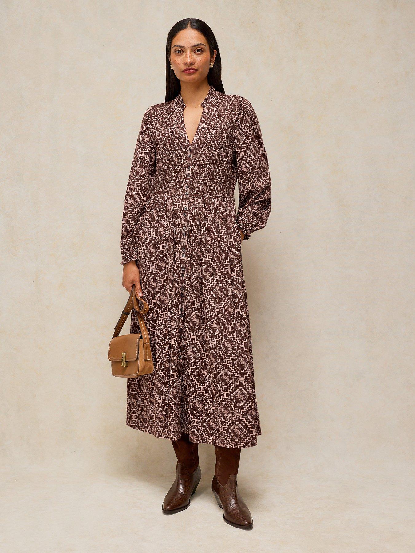 Image 1 of 5 of White Stuff Womens Ada Shirred Button-Through Dress - Brown