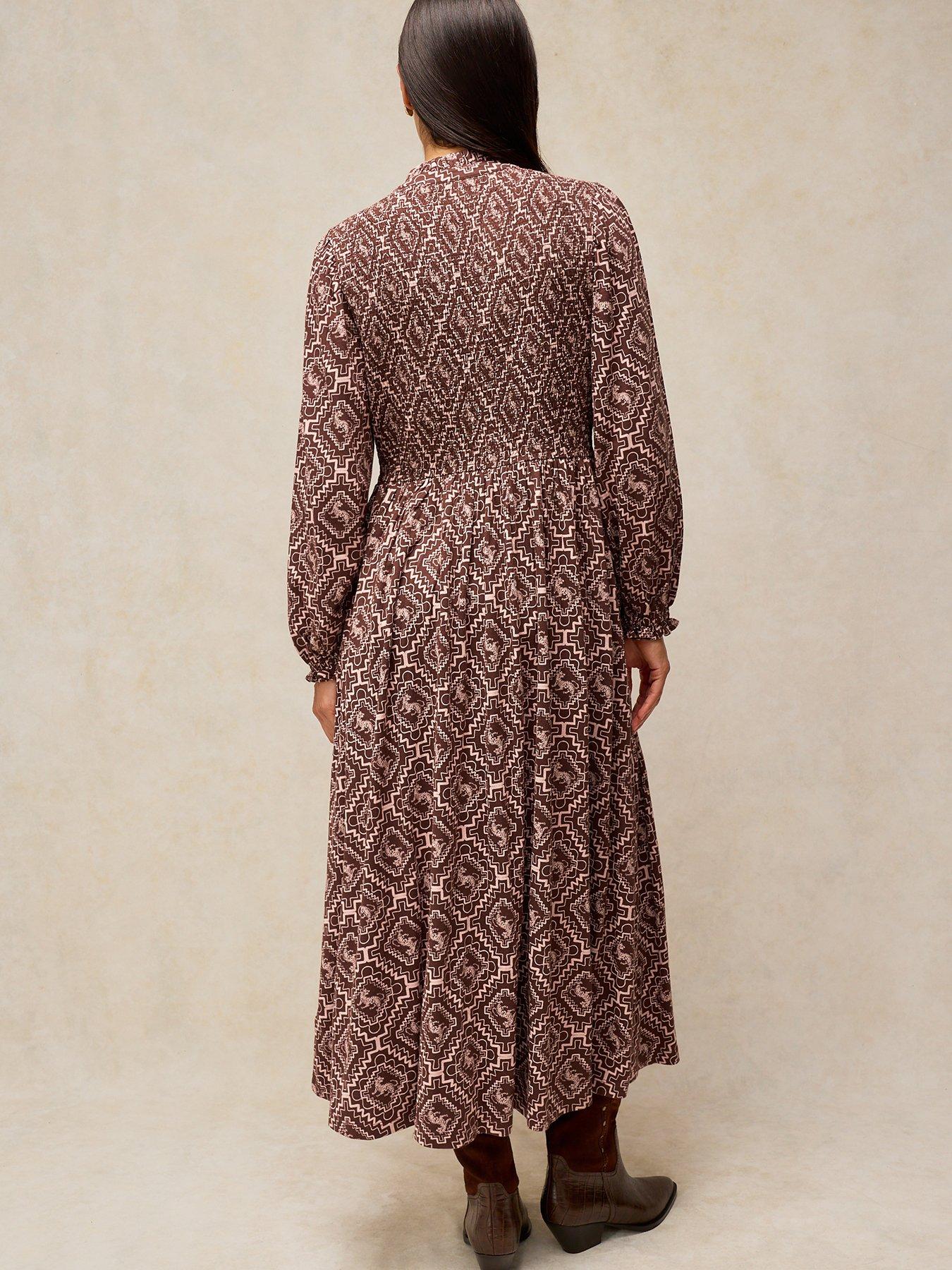 Image 2 of 5 of White Stuff Womens Ada Shirred Button-Through Dress - Brown