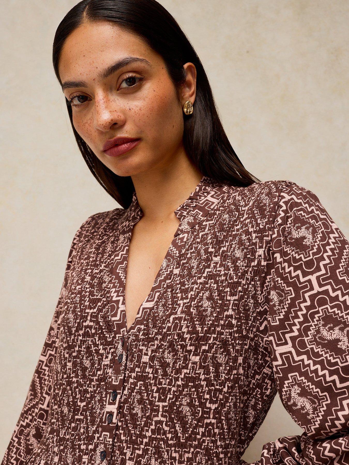 Image 3 of 5 of White Stuff Womens Ada Shirred Button-Through Dress - Brown