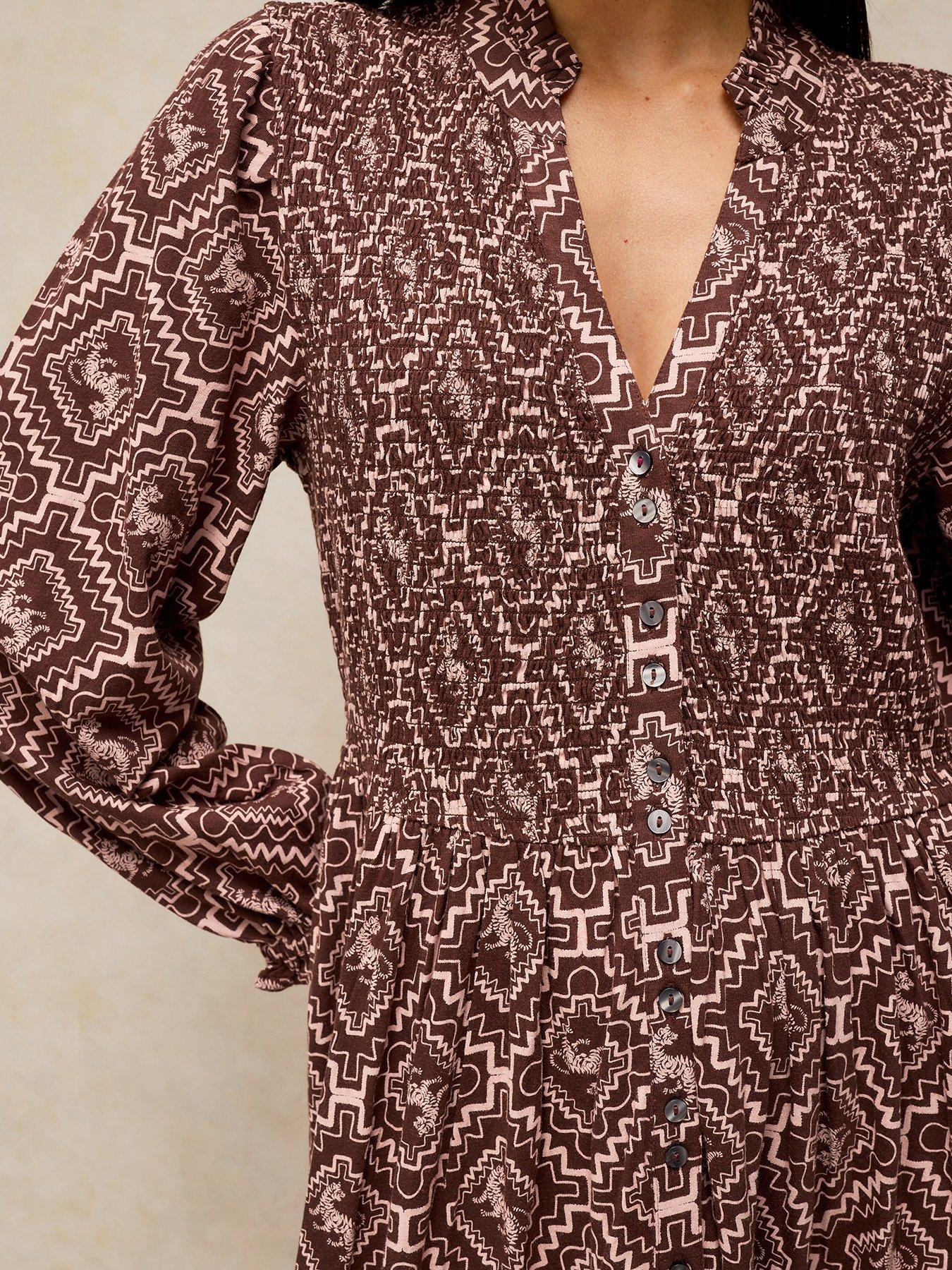 Image 4 of 5 of White Stuff Womens Ada Shirred Button-Through Dress - Brown
