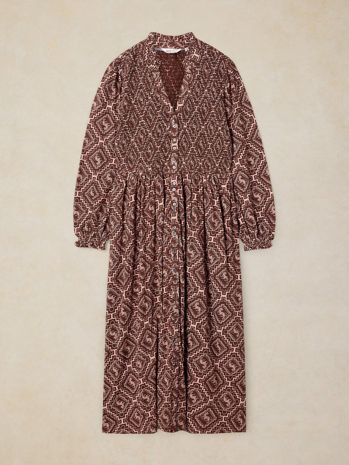 Image 5 of 5 of White Stuff Womens Ada Shirred Button-Through Dress - Brown