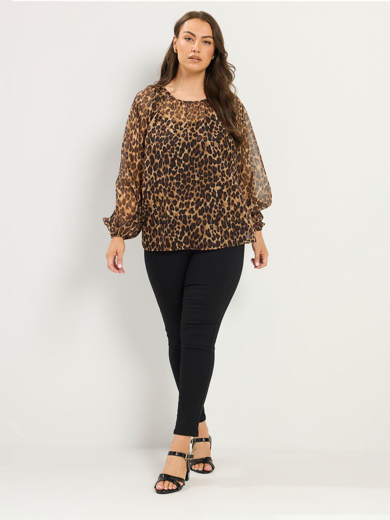 Image 3 of 4 of Yours Curve Leopard Print Chiffon Top - Brown