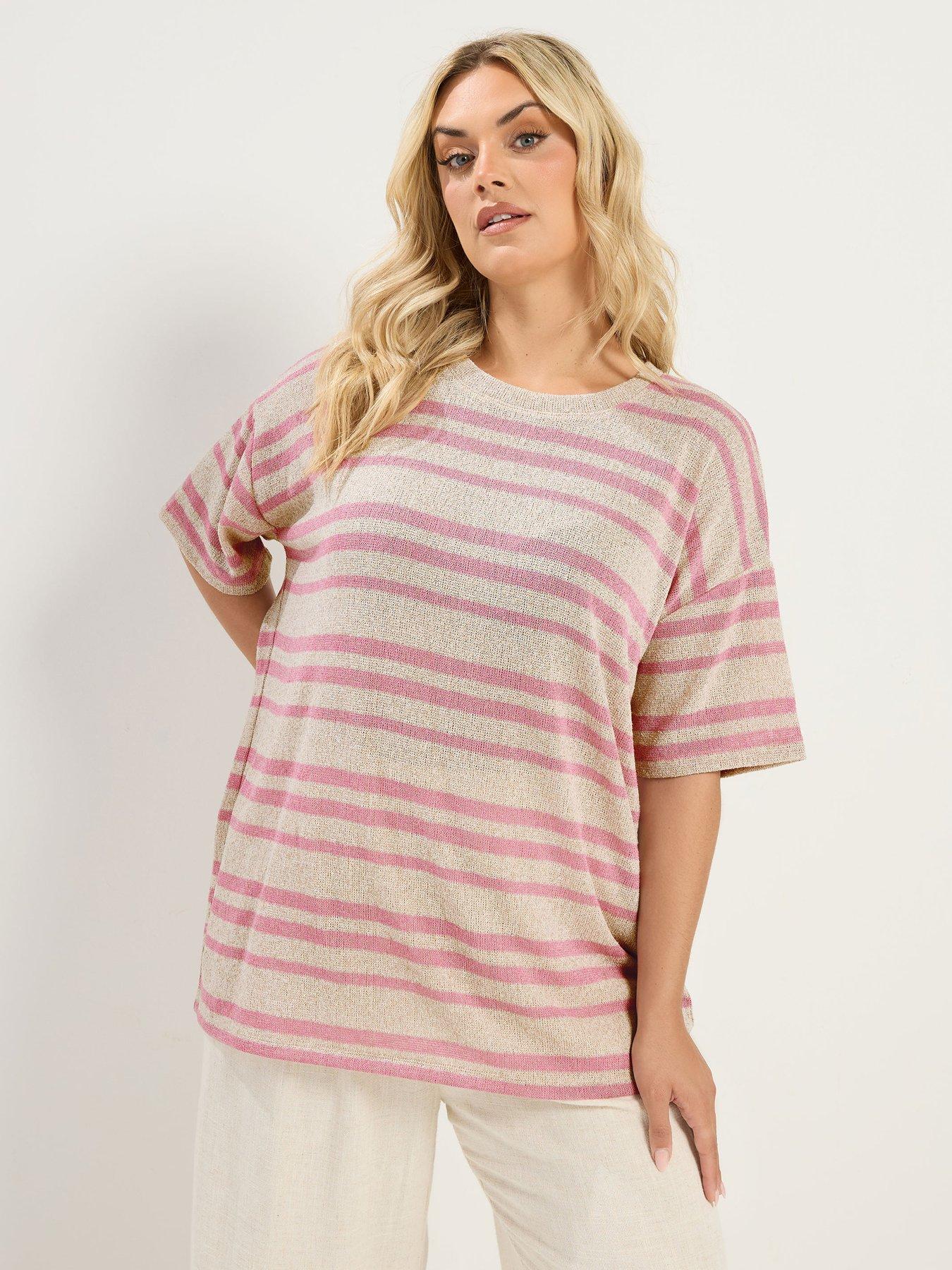 Yours Curve Boxy Knitted Stripe T-Shirt - Pink