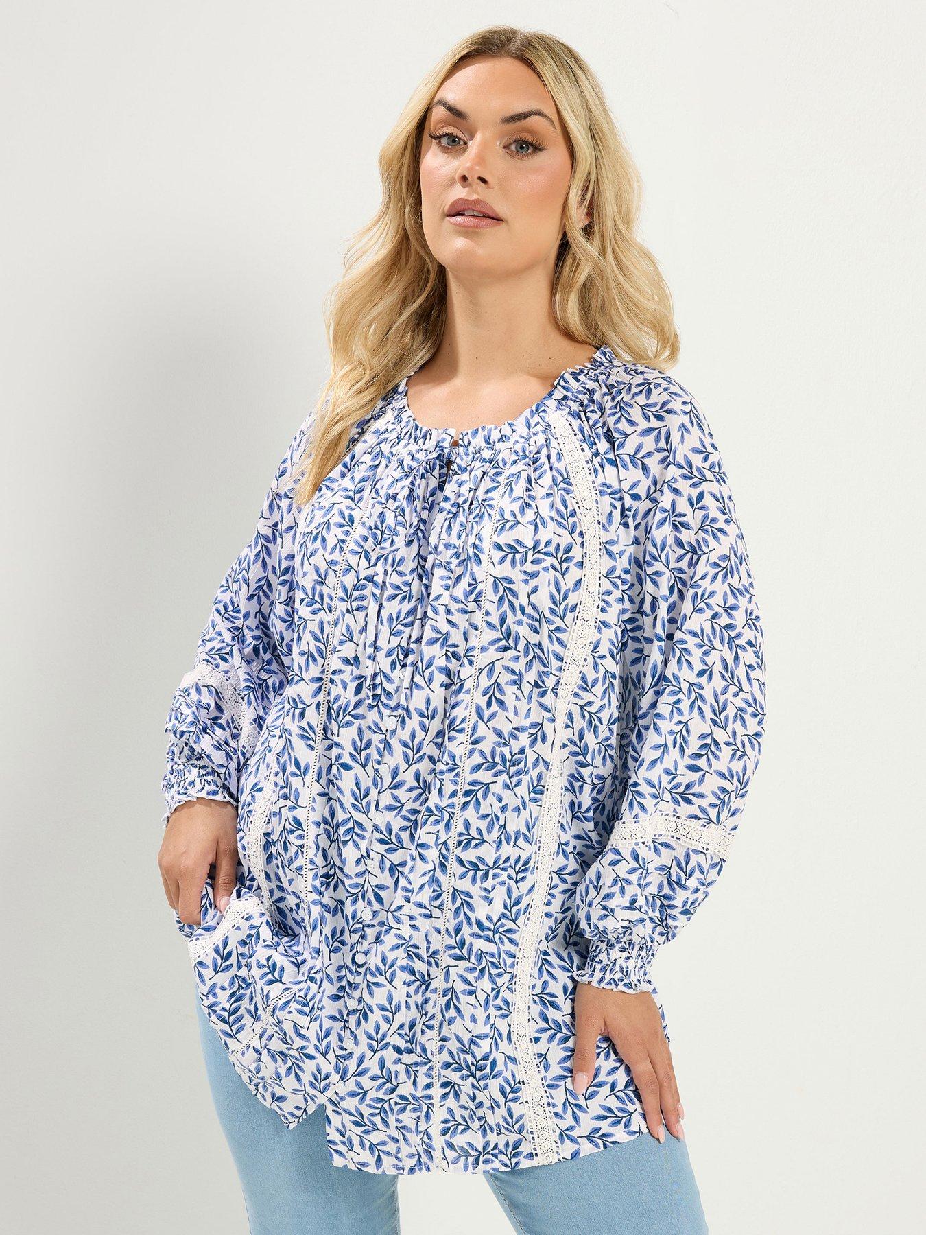Yours Curve Leaf Print Gypsy Pintuck Top - Blue