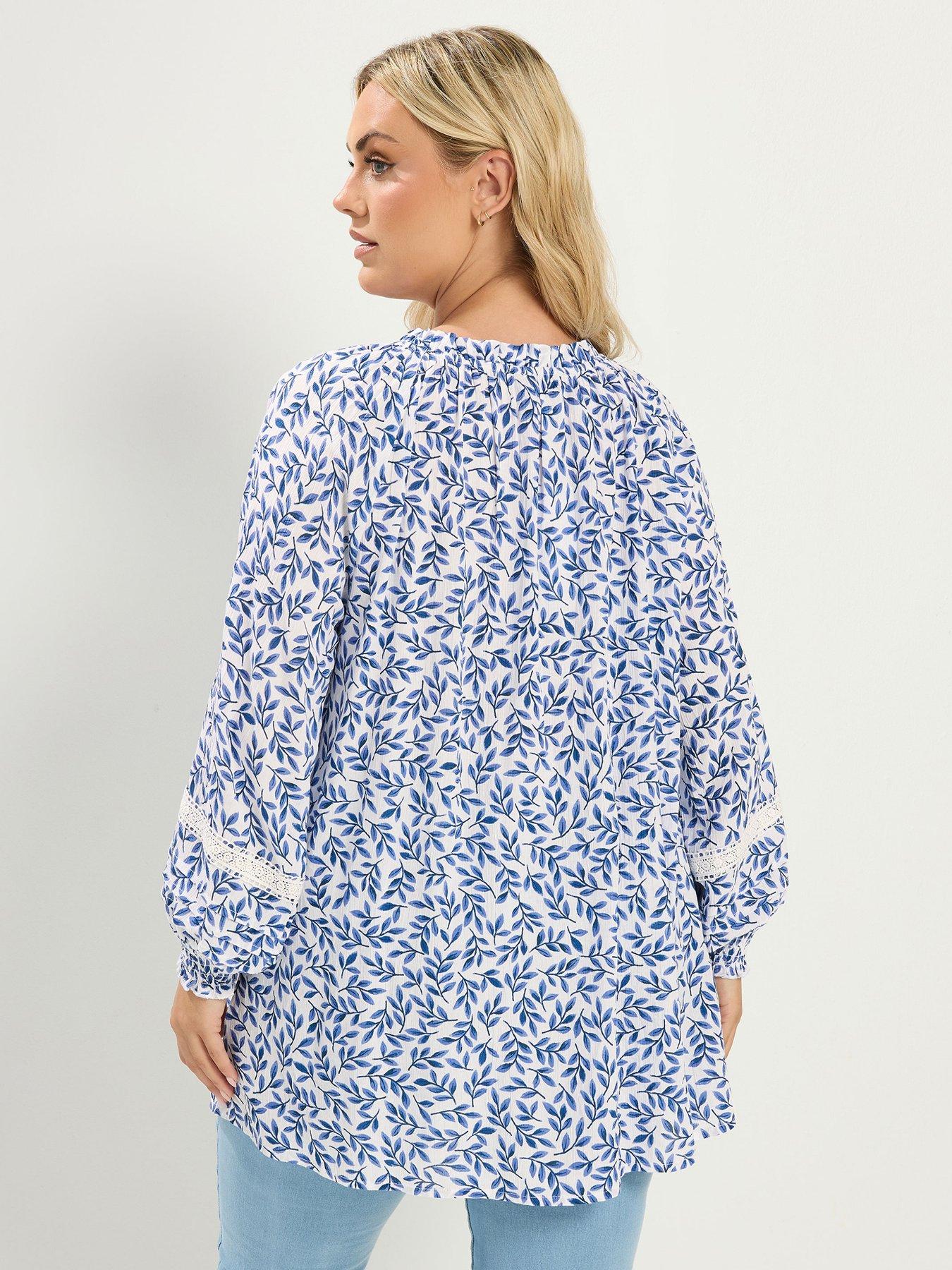 Image 2 of 4 of Yours Curve Leaf Print Gypsy Pintuck Top - Blue