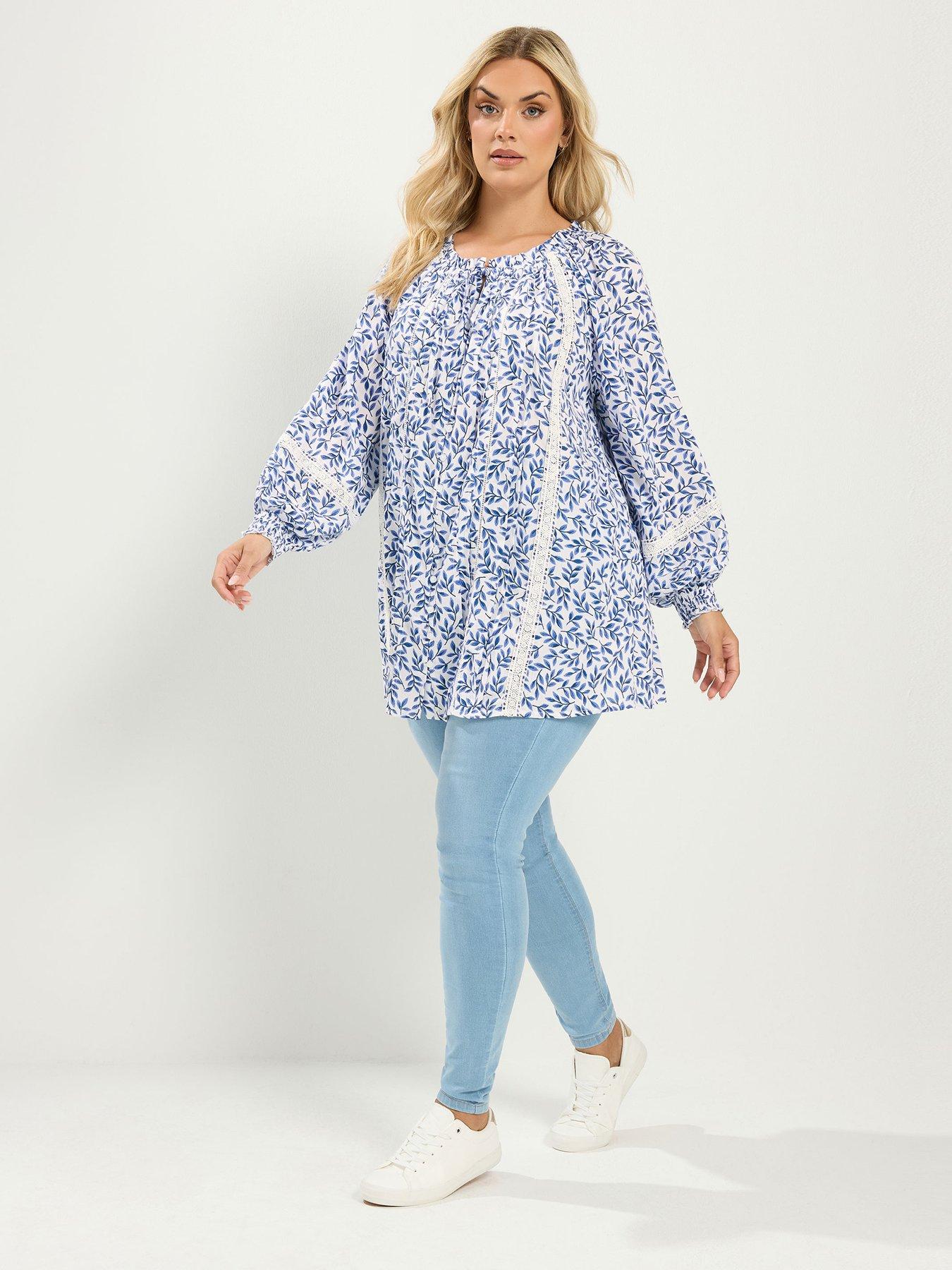 Image 3 of 4 of Yours Curve Leaf Print Gypsy Pintuck Top - Blue