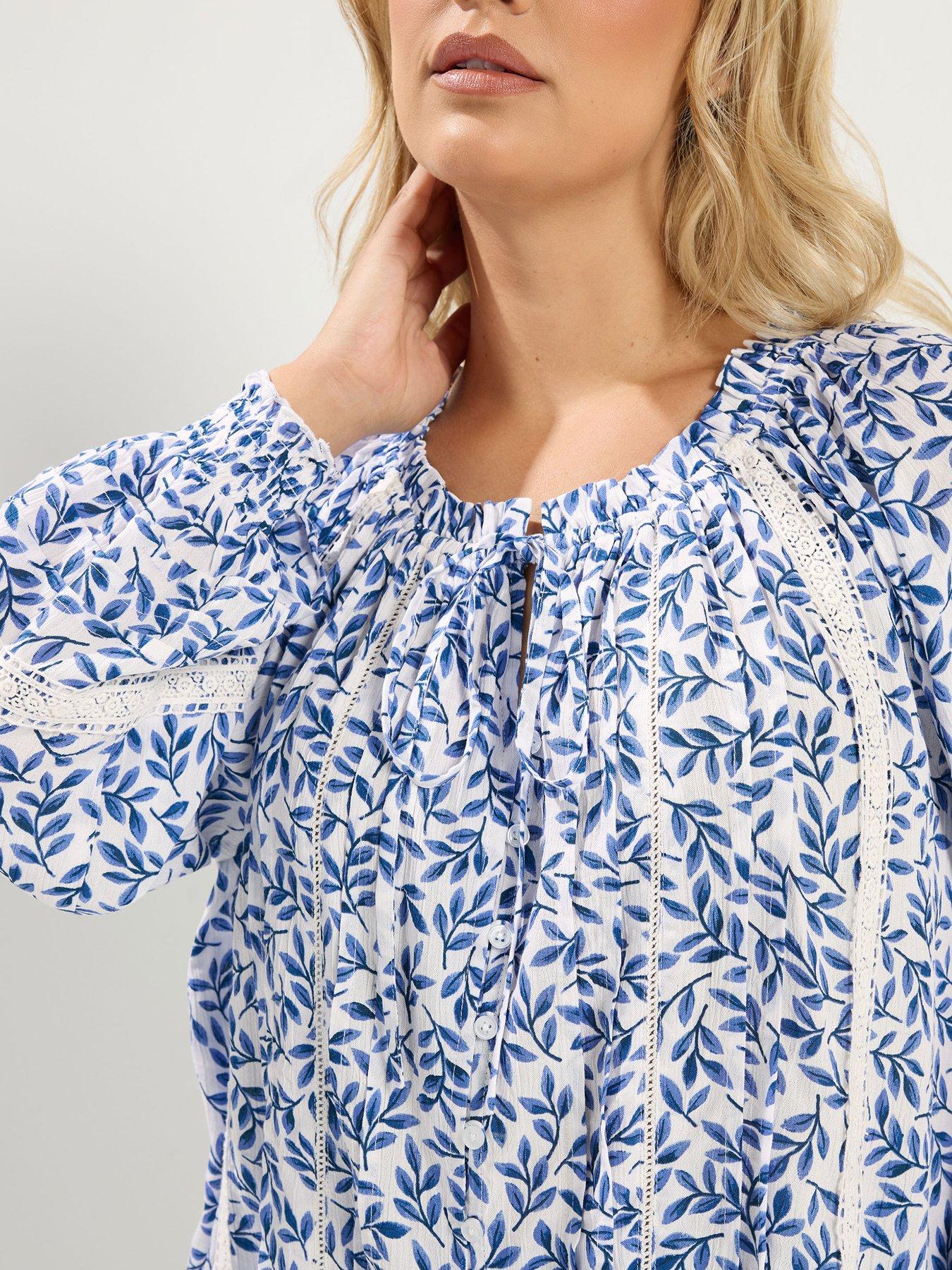 Image 4 of 4 of Yours Curve Leaf Print Gypsy Pintuck Top - Blue