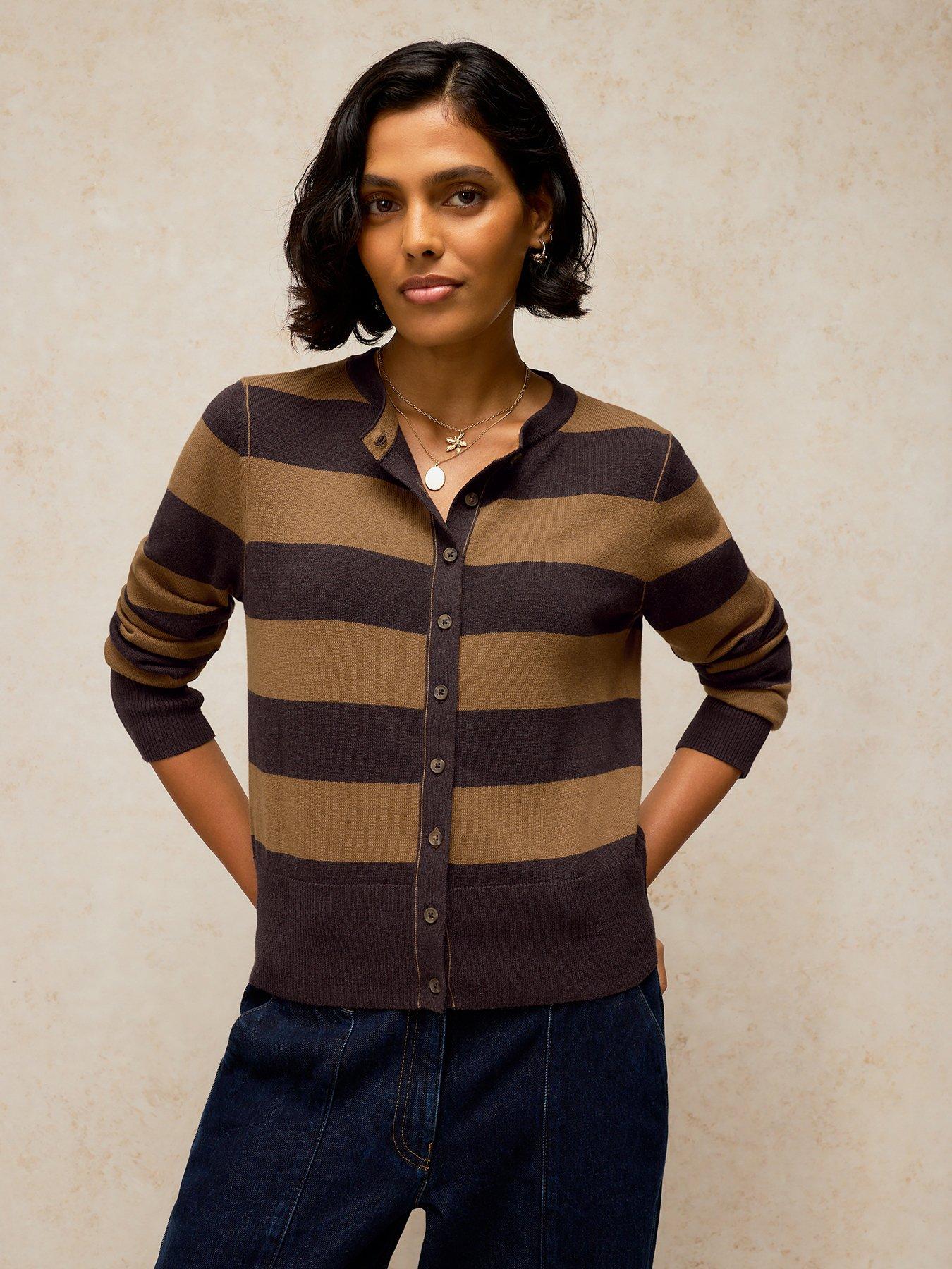 Image 1 of 5 of White Stuff Lois Crew Neck Stripe Cardigan - Brown