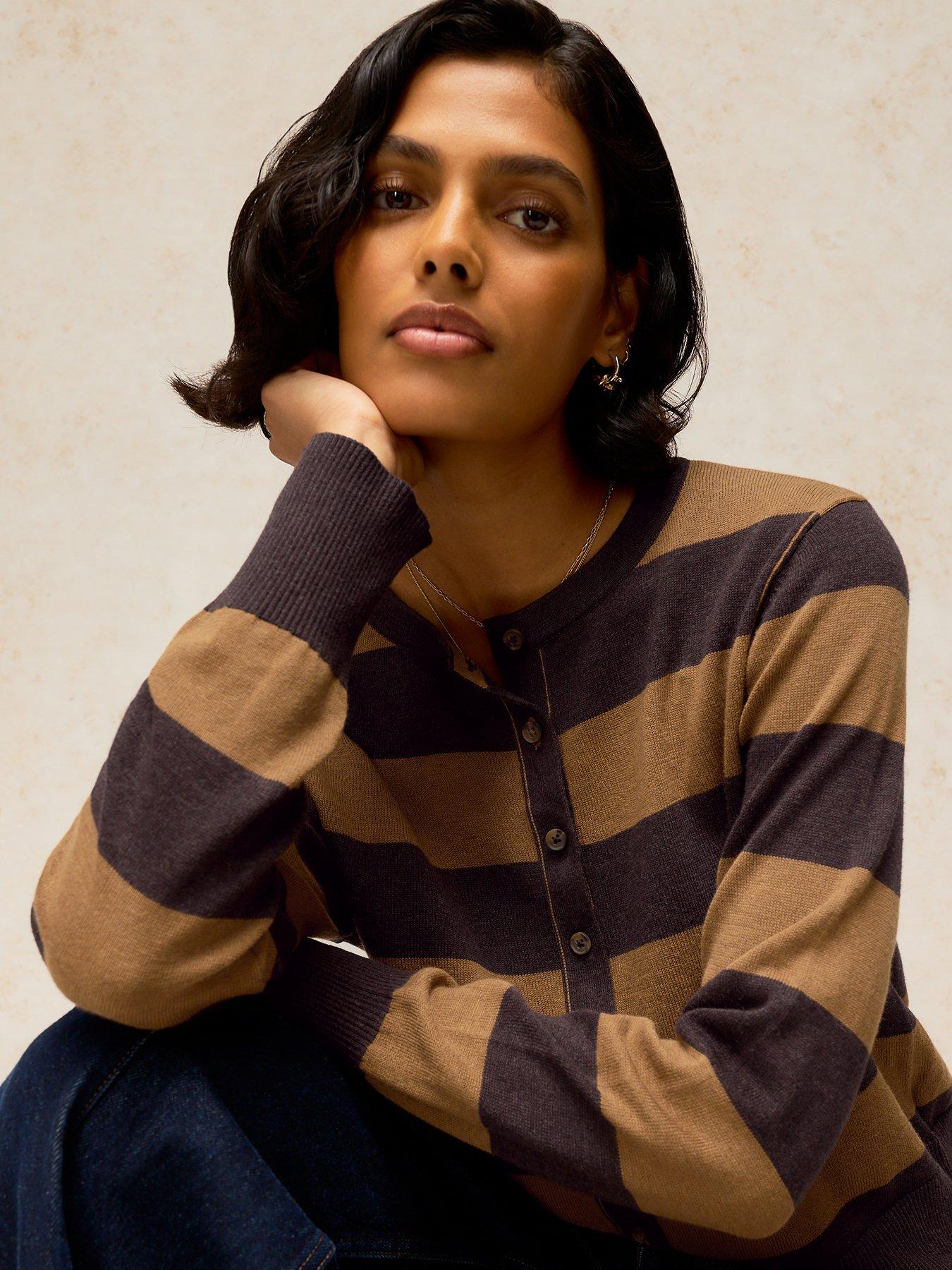 Image 4 of 5 of White Stuff Lois Crew Neck Stripe Cardigan - Brown