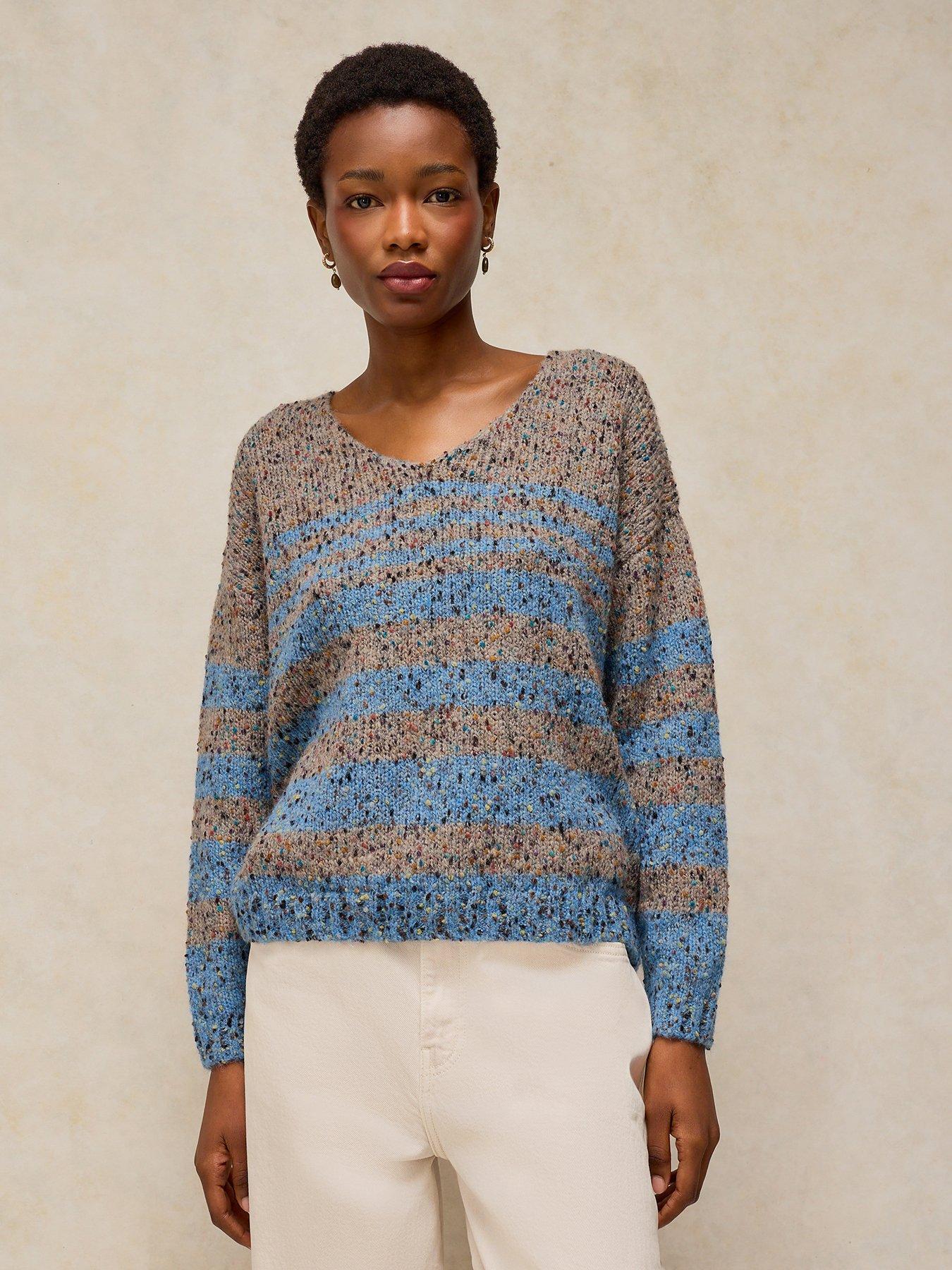 White Stuff Textured Stripe V-Neck Knitted Jumper - Brown