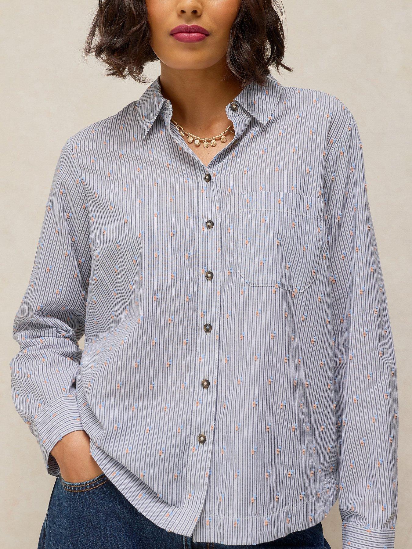 White Stuff Striped Embroidered Button Shirt - Blue