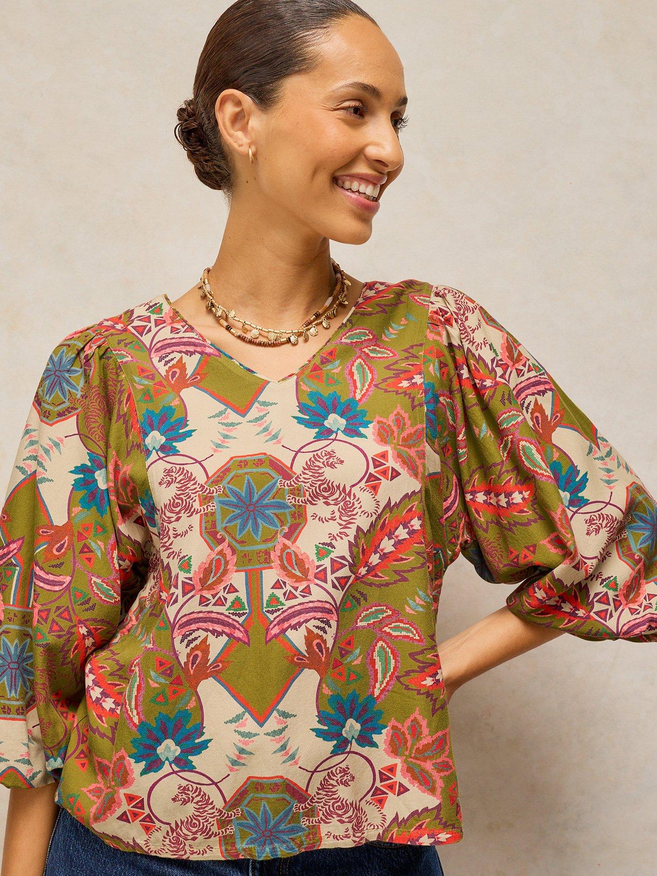 Image 1 of 5 of White Stuff Matilda Printed V-Neck Long Sleeve Top - Multi