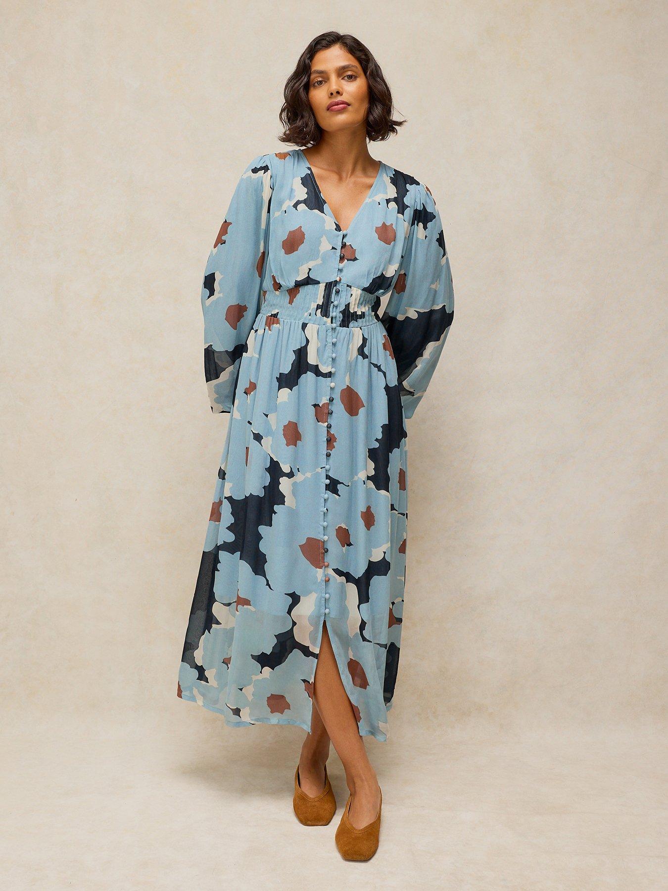 White Stuff Leela Button Through Midi Dress - Blue