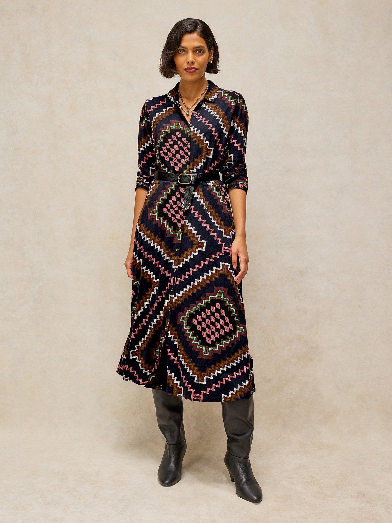 White Stuff Rua Geometric Print Jersey Shirt Dress - Multi