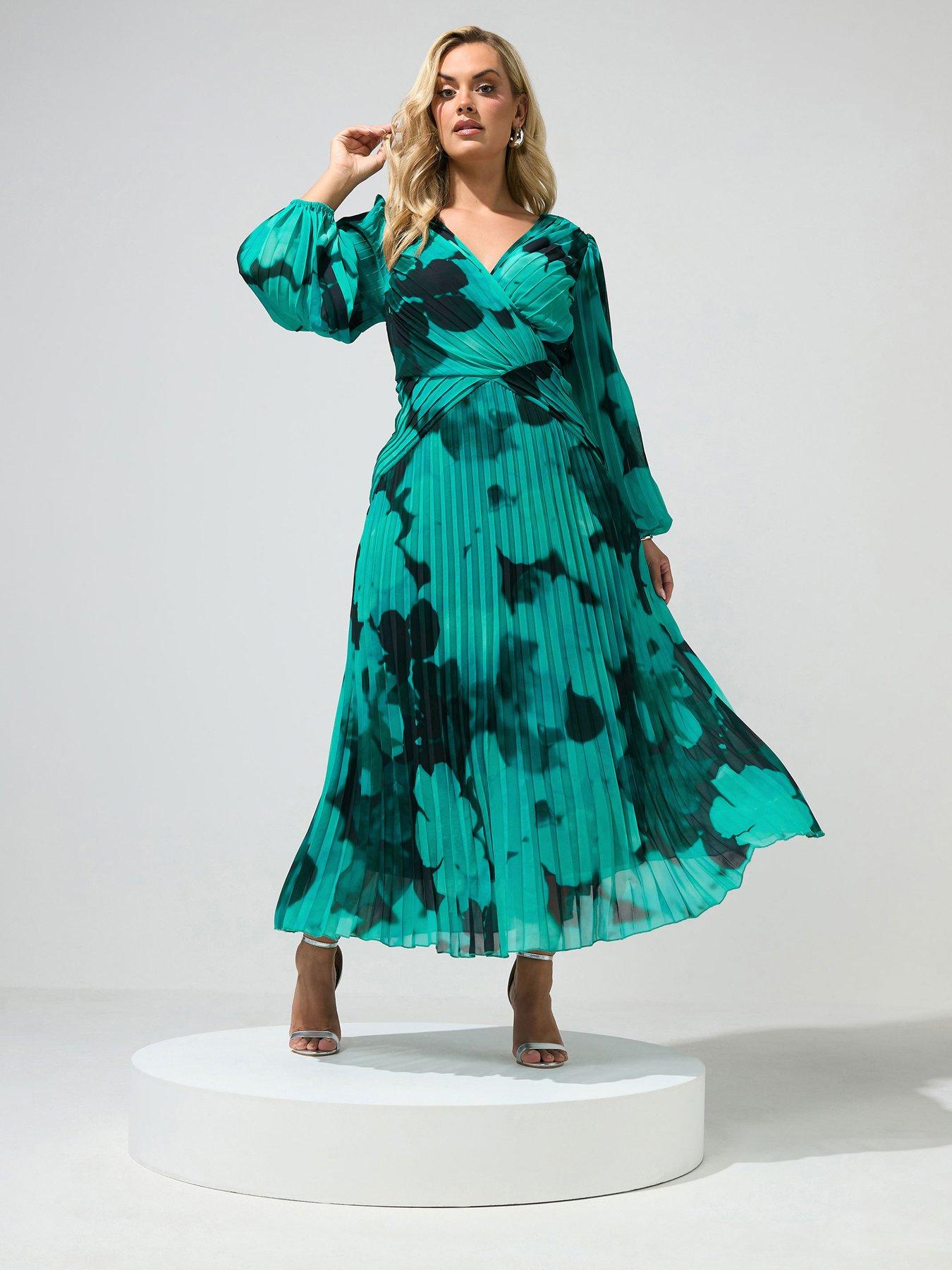 Yours Curve Abstract Long Sleeve Pleat Dress - Green