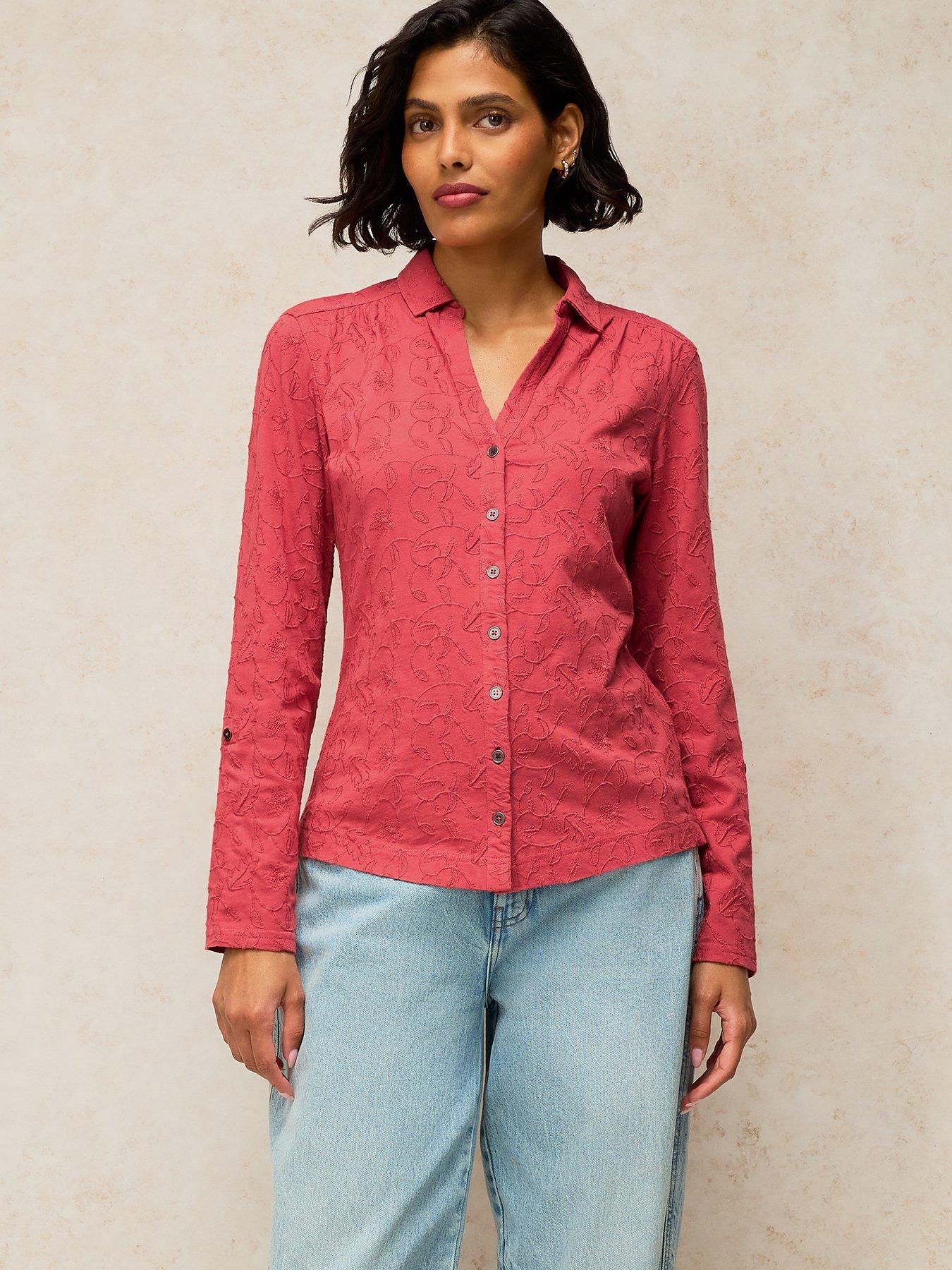 Image 1 of 5 of White Stuff Annie Embroidered Button Through Shirt - Pink