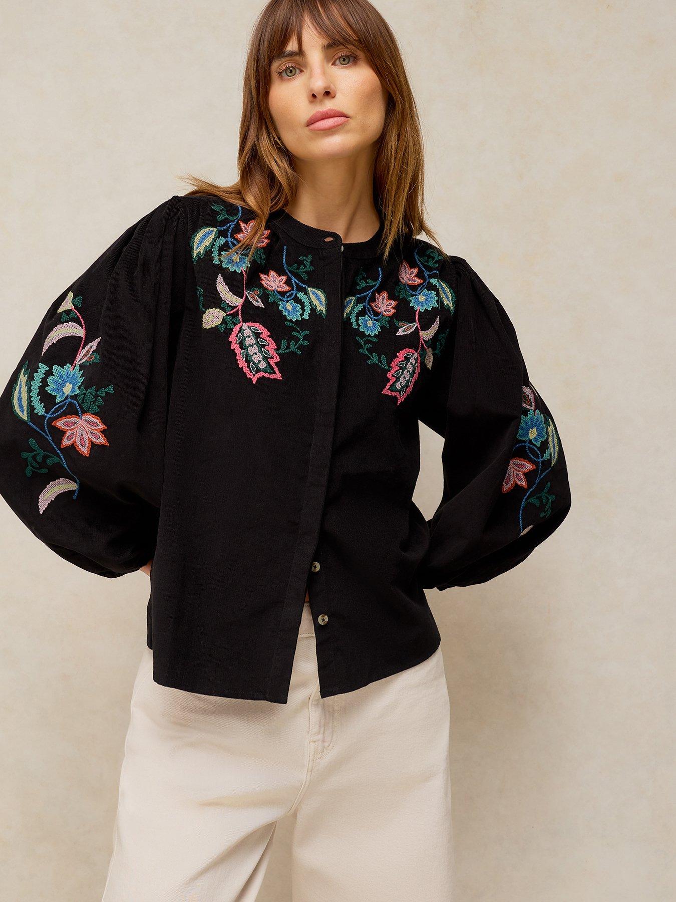 Image 1 of 5 of White Stuff Womens Wren Embroidered Cord Button-Through Top - Black