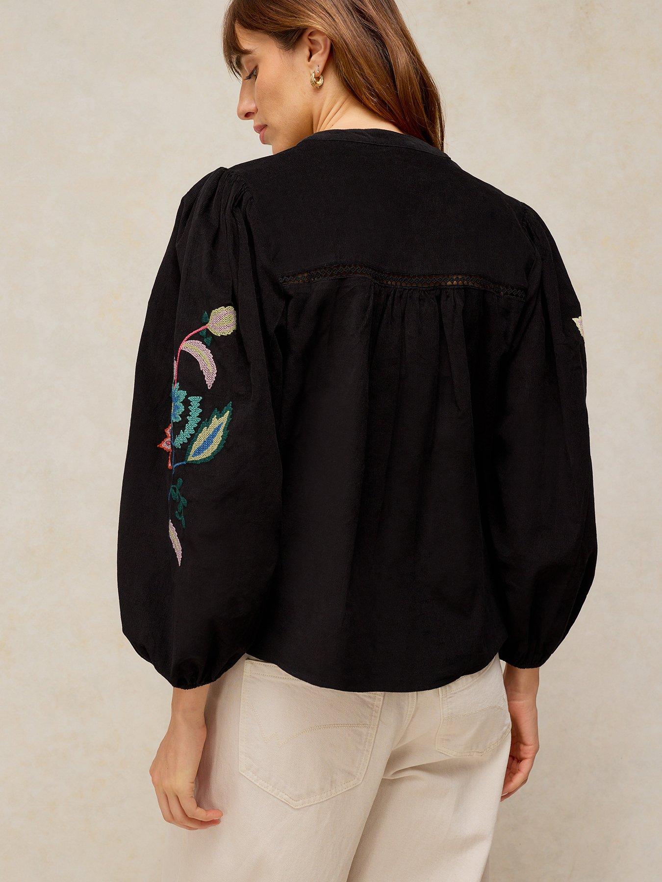 Image 2 of 5 of White Stuff Womens Wren Embroidered Cord Button-Through Top - Black