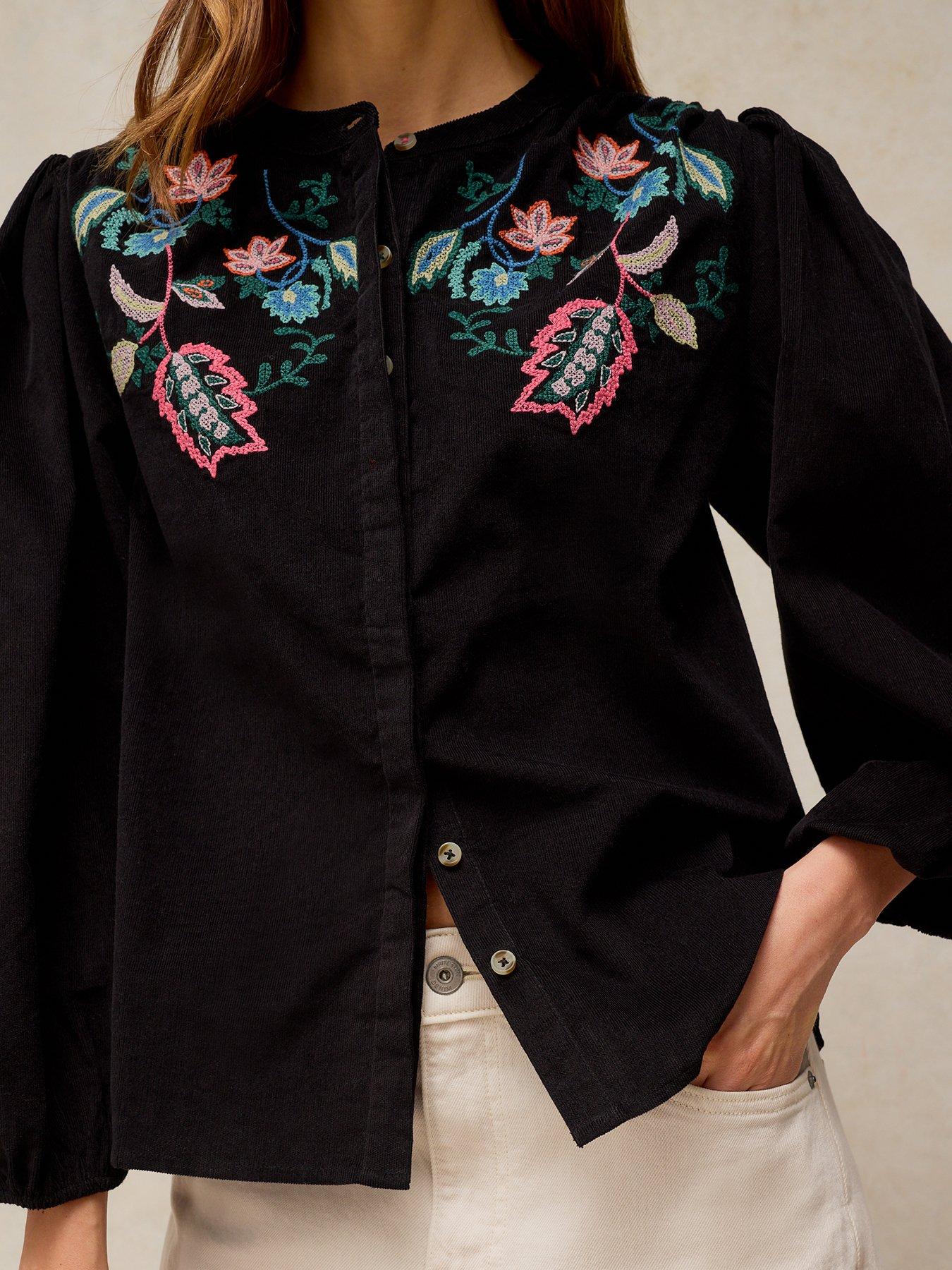 Image 4 of 5 of White Stuff Womens Wren Embroidered Cord Button-Through Top - Black