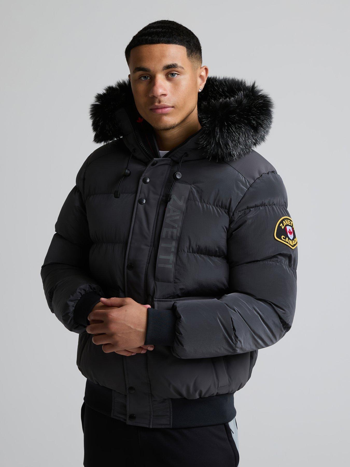 Image 1 of 7 of Zavetti Canada Mens Padded Faux-Fur Hooded Bomber Jacket - Dark Grey