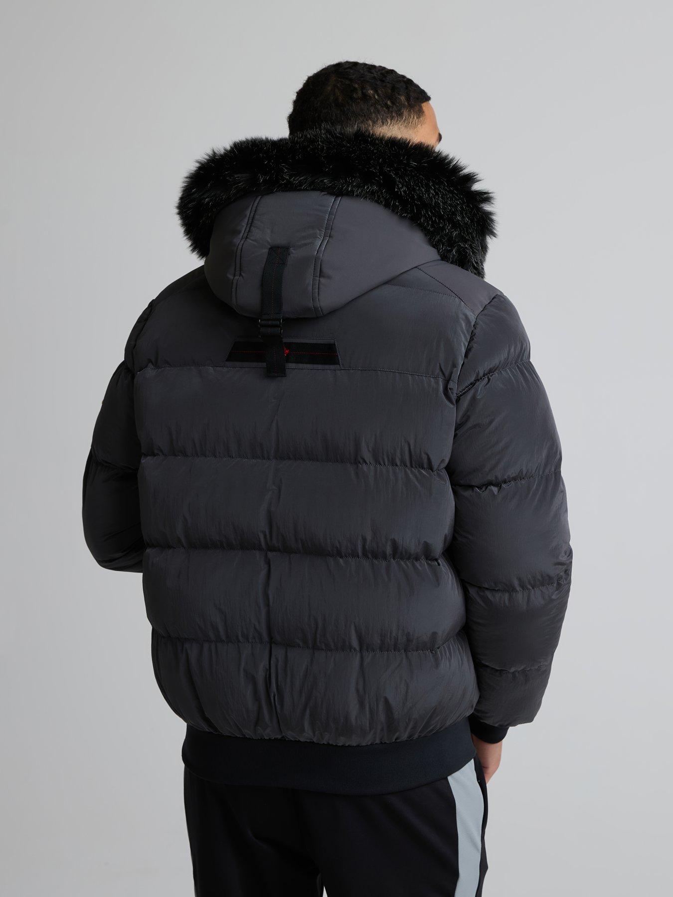 Image 2 of 7 of Zavetti Canada Mens Padded Faux-Fur Hooded Bomber Jacket - Dark Grey