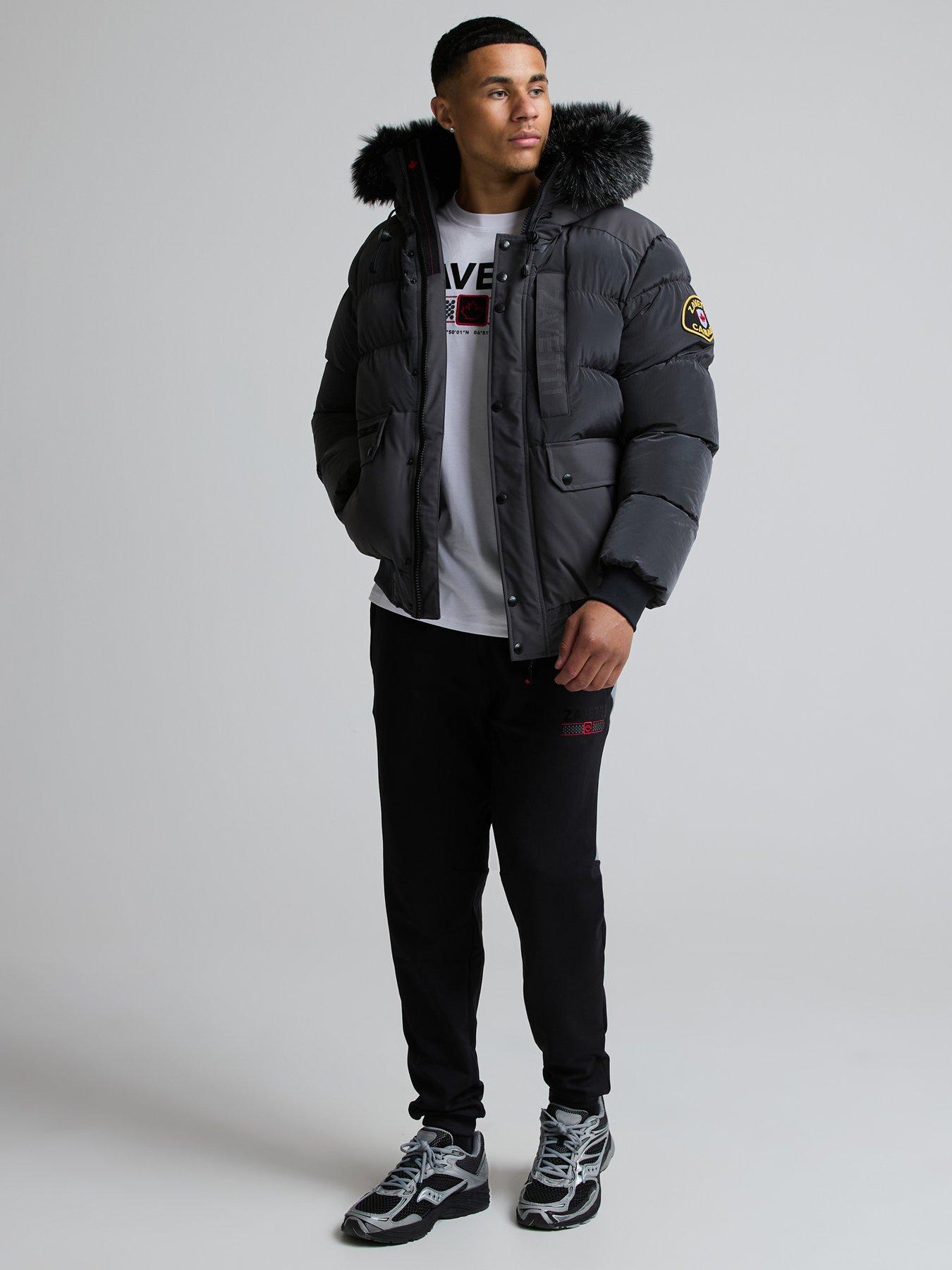 Image 3 of 7 of Zavetti Canada Mens Padded Faux-Fur Hooded Bomber Jacket - Dark Grey