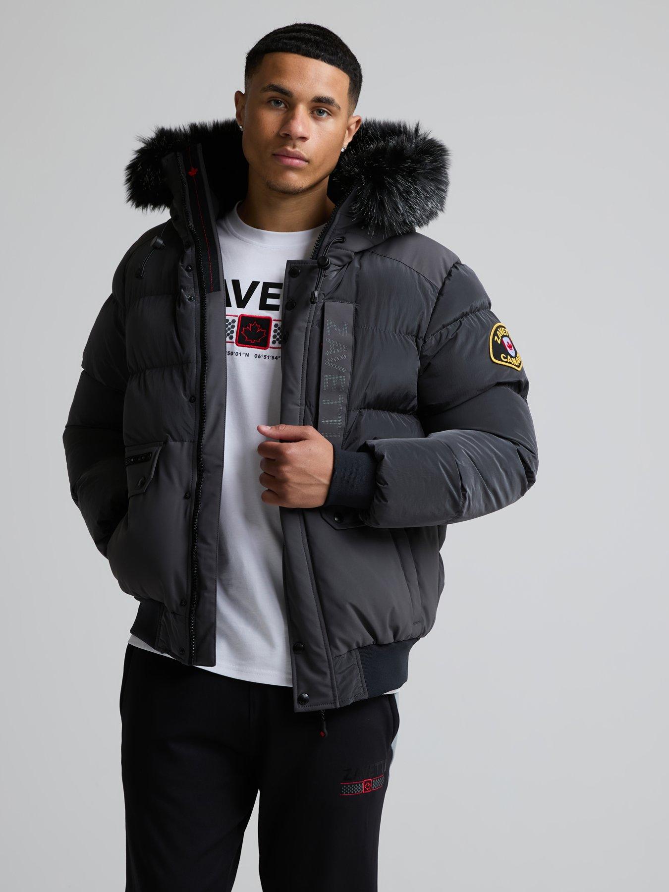 Image 4 of 7 of Zavetti Canada Mens Padded Faux-Fur Hooded Bomber Jacket - Dark Grey