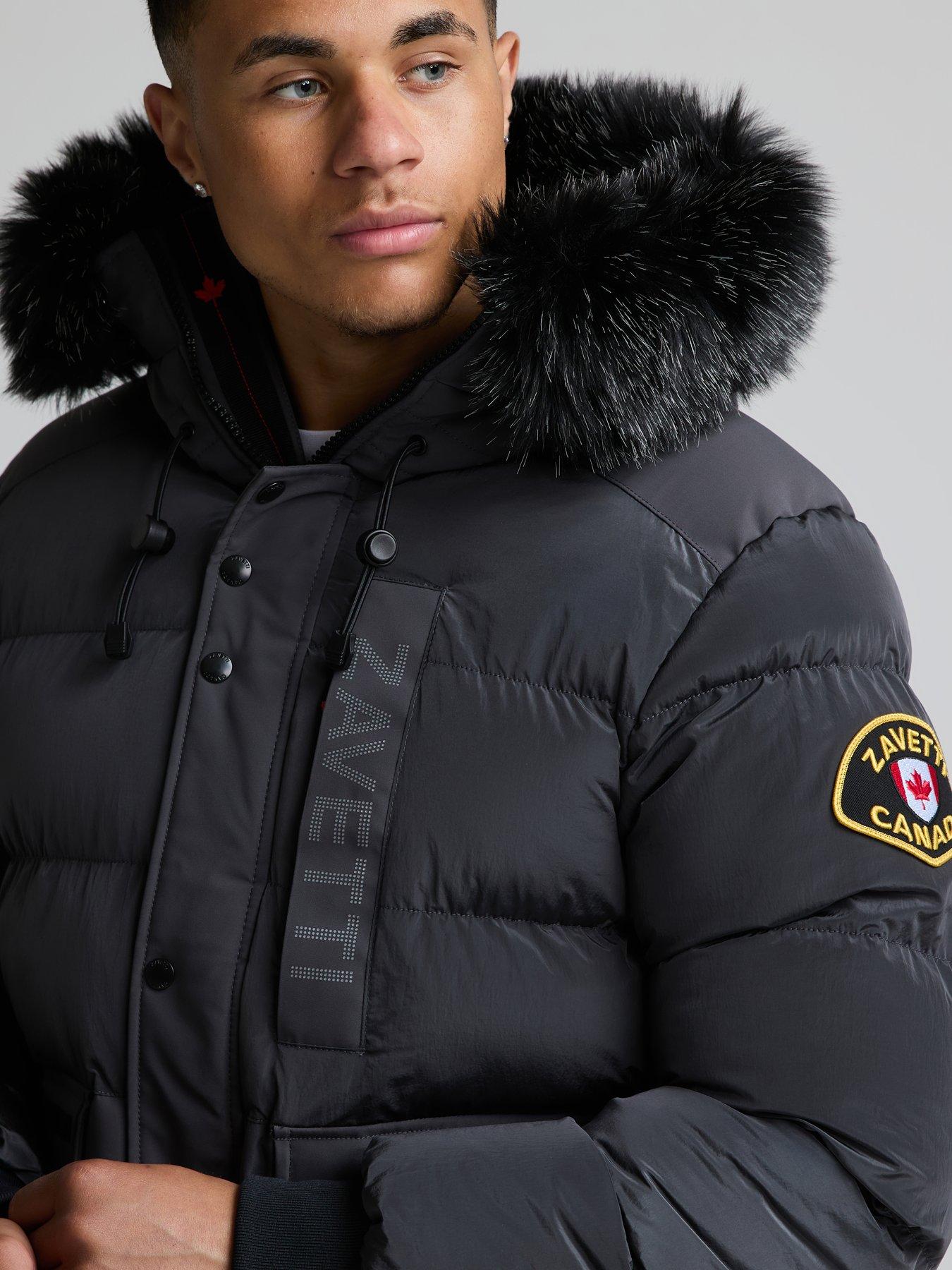 Image 5 of 7 of Zavetti Canada Mens Padded Faux-Fur Hooded Bomber Jacket - Dark Grey