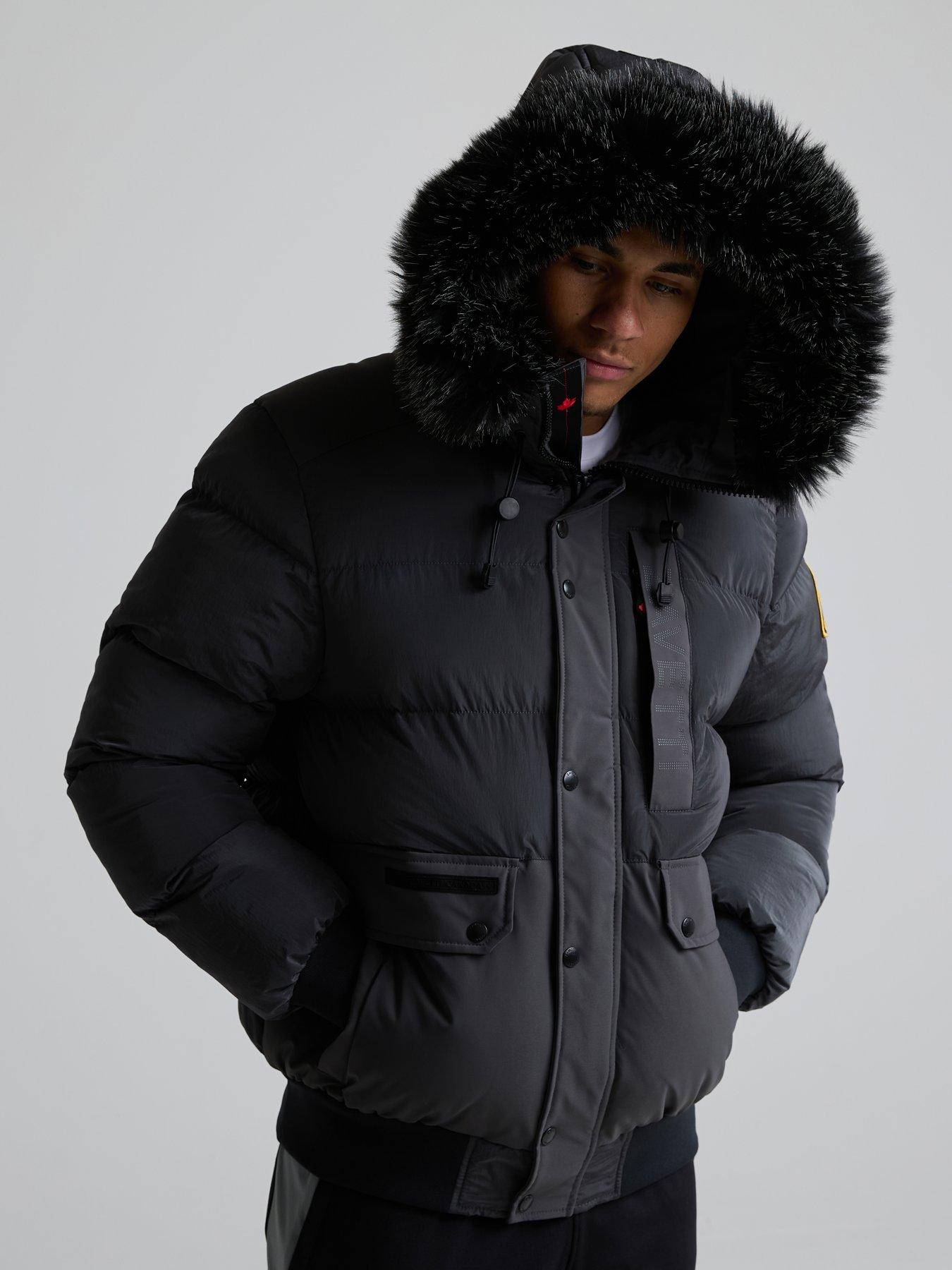 Image 6 of 7 of Zavetti Canada Mens Padded Faux-Fur Hooded Bomber Jacket - Dark Grey