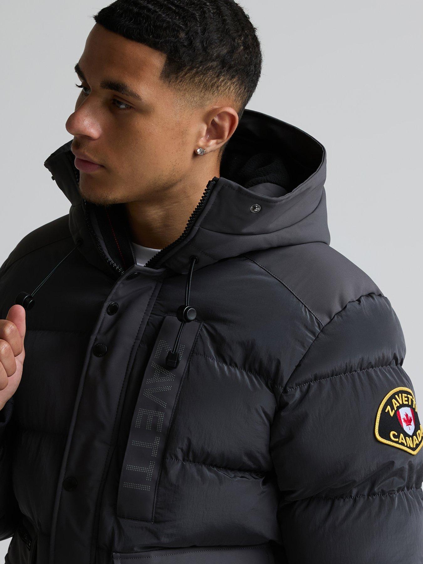 Image 7 of 7 of Zavetti Canada Mens Padded Faux-Fur Hooded Bomber Jacket - Dark Grey