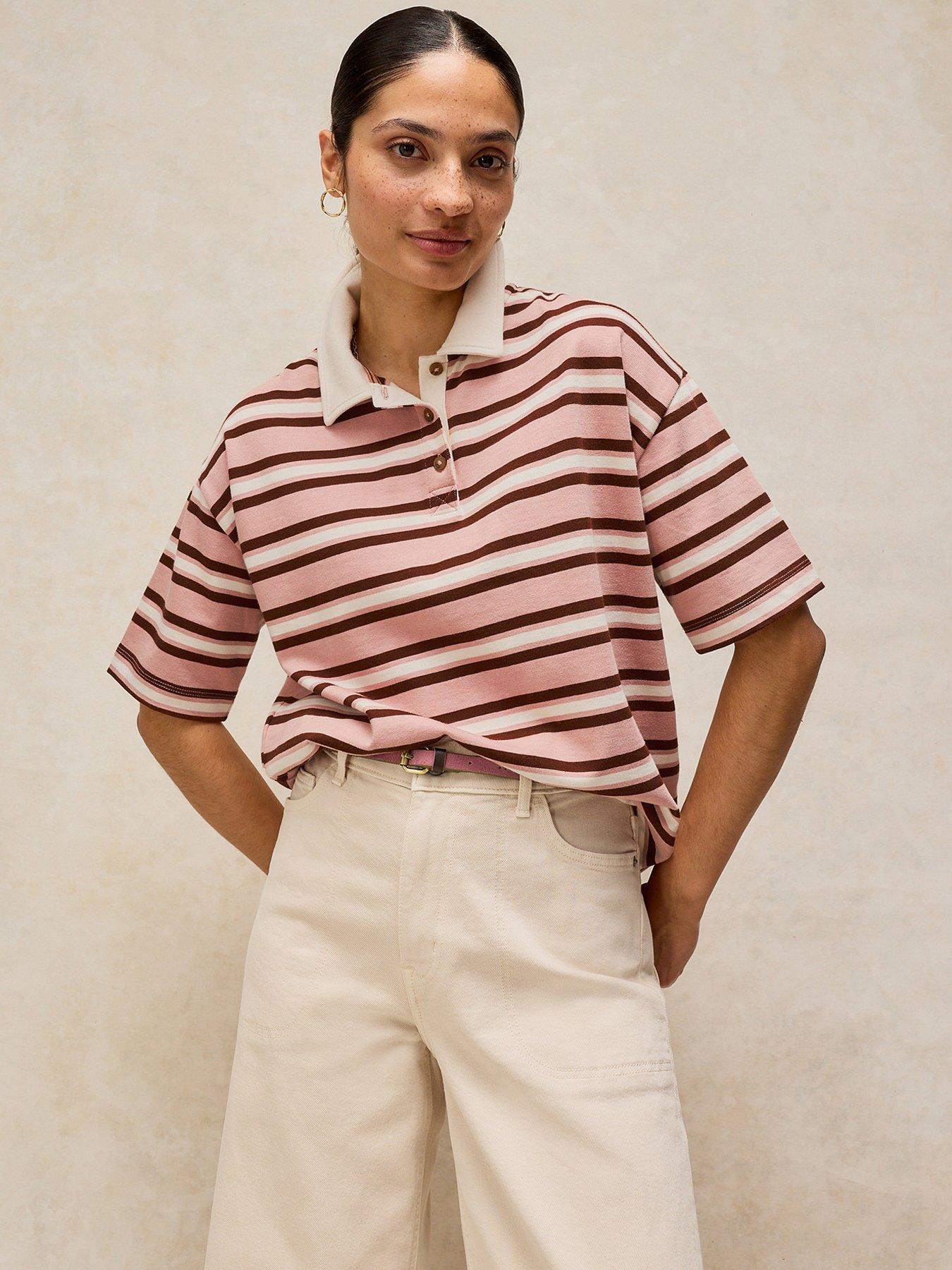 White Stuff Ruby Rugby Stripe Collared Short Sleeve Polo Top - Pink
