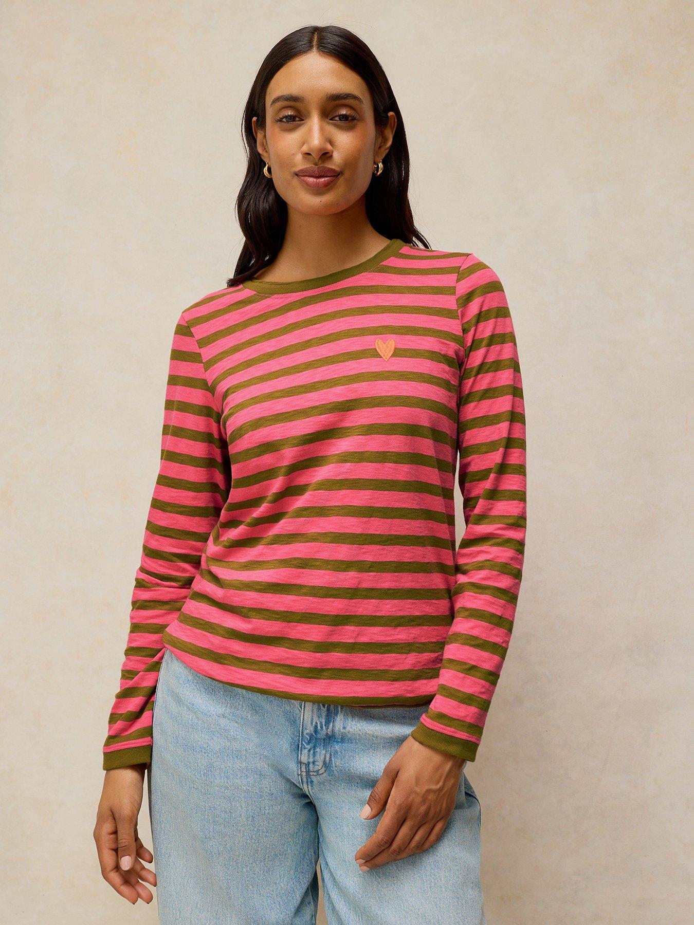 White Stuff Clara Stripe Embroidered Tee - Pink