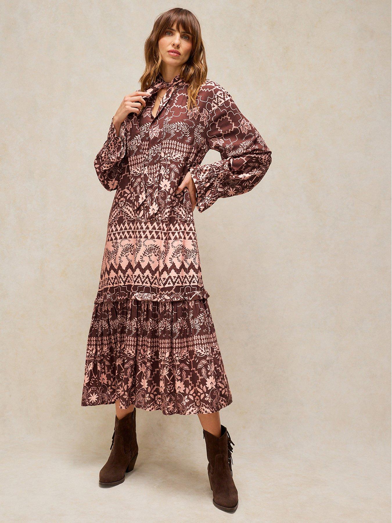 Image 1 of 5 of White Stuff Womens Kalia Tie Neck Dress- Brown