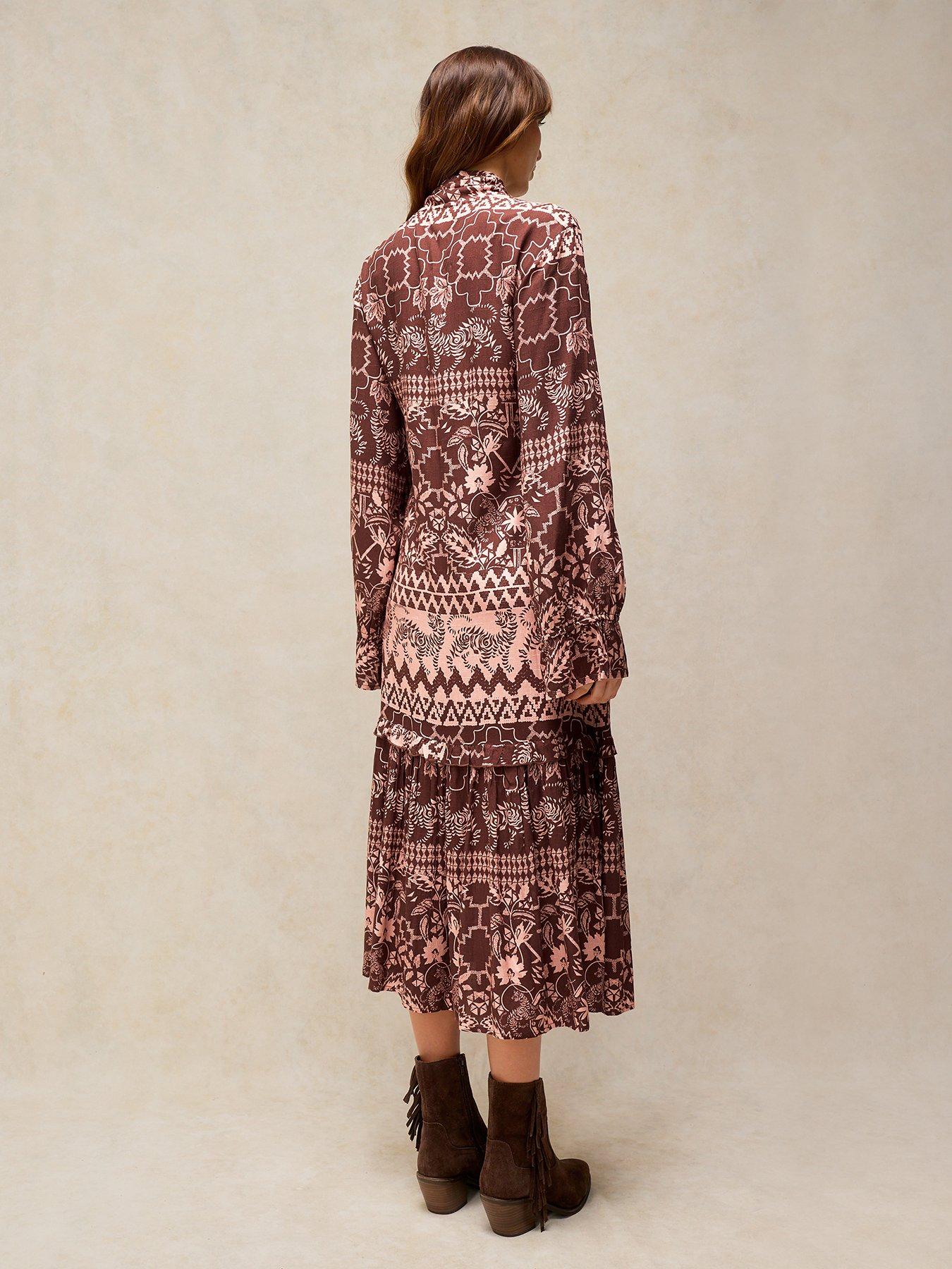 Image 2 of 5 of White Stuff Womens Kalia Tie Neck Dress- Brown