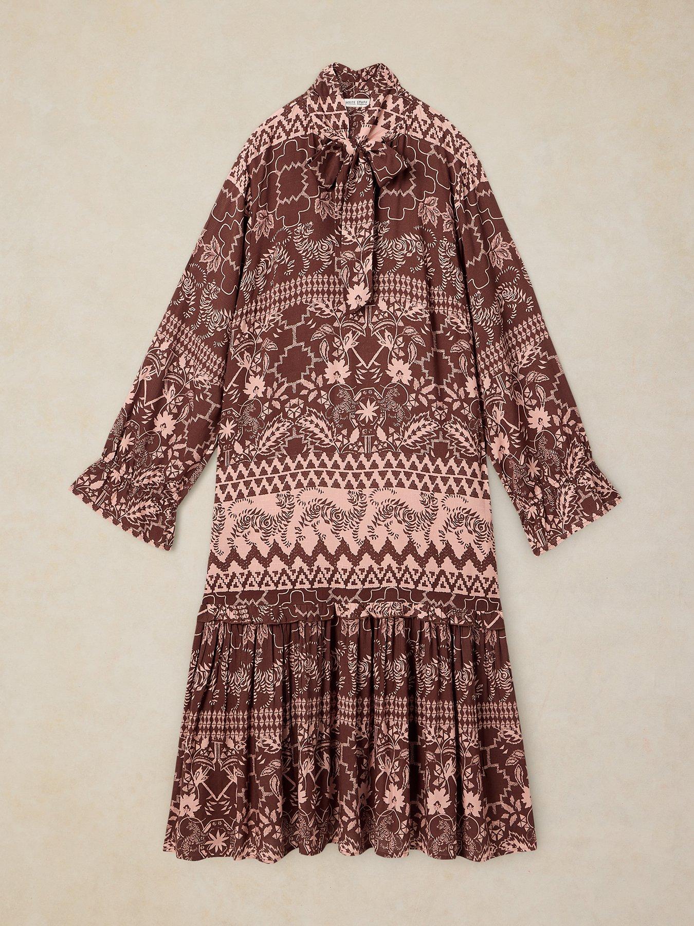 Image 5 of 5 of White Stuff Womens Kalia Tie Neck Dress- Brown