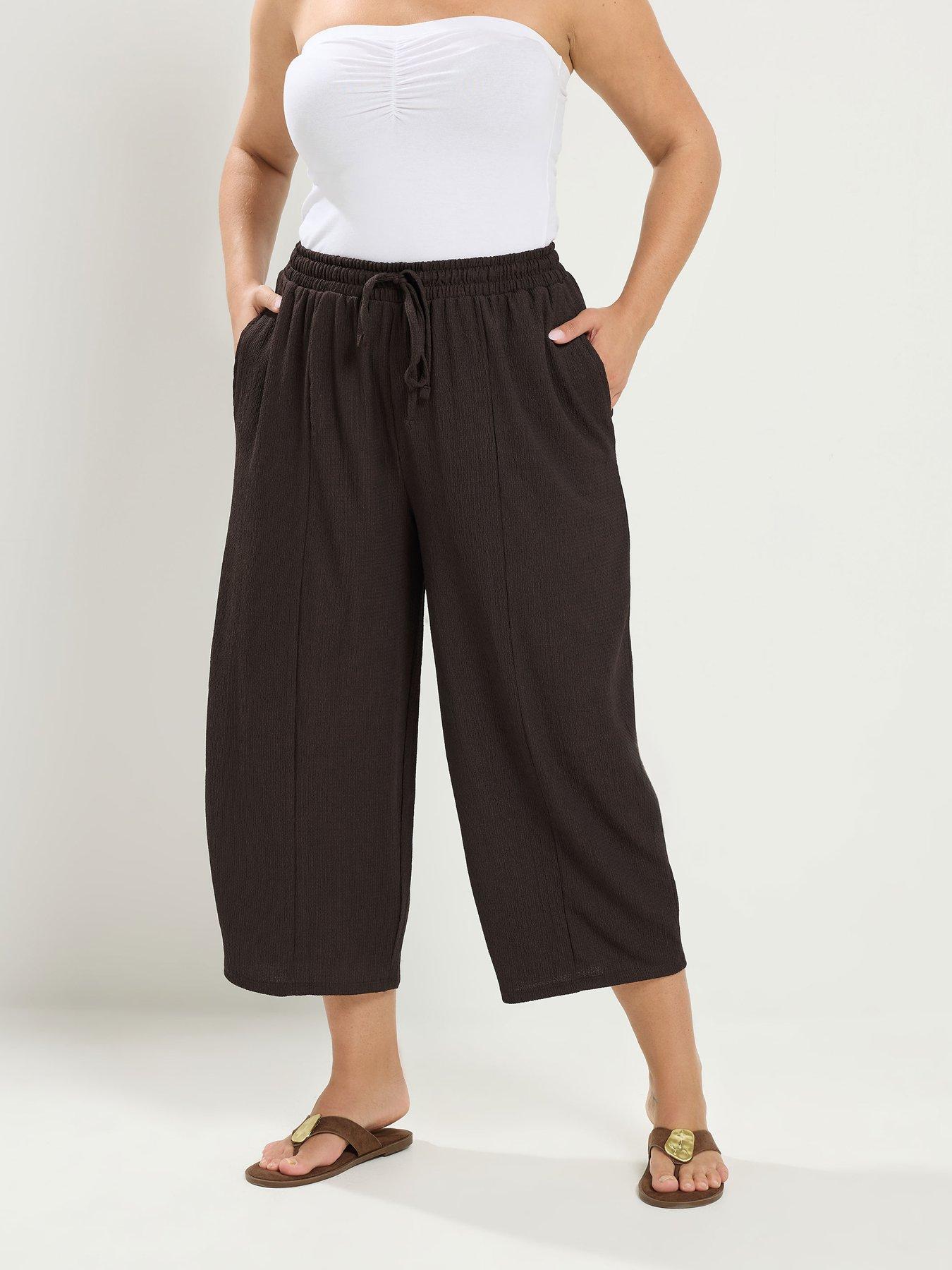 Image 1 of 4 of Yours Curve Crinkle Barrel Trouser - Chocolate Brown