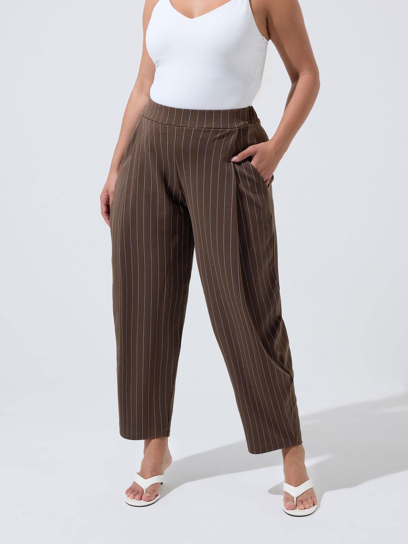 Image 1 of 4 of Yours Curve Pinstripe Barrel Leg Trouser - Brown