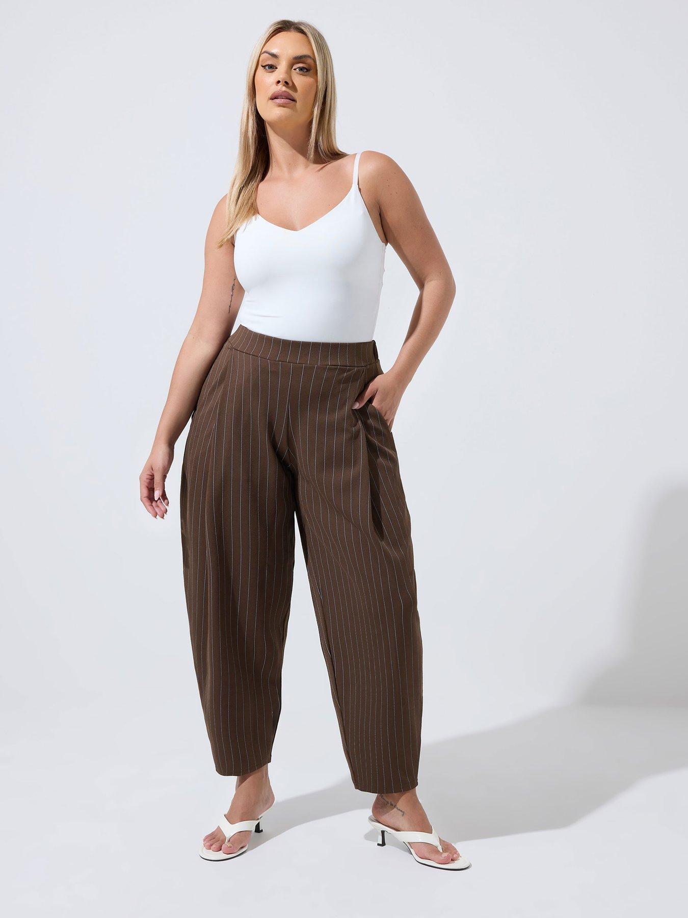 Image 3 of 4 of Yours Curve Pinstripe Barrel Leg Trouser - Brown