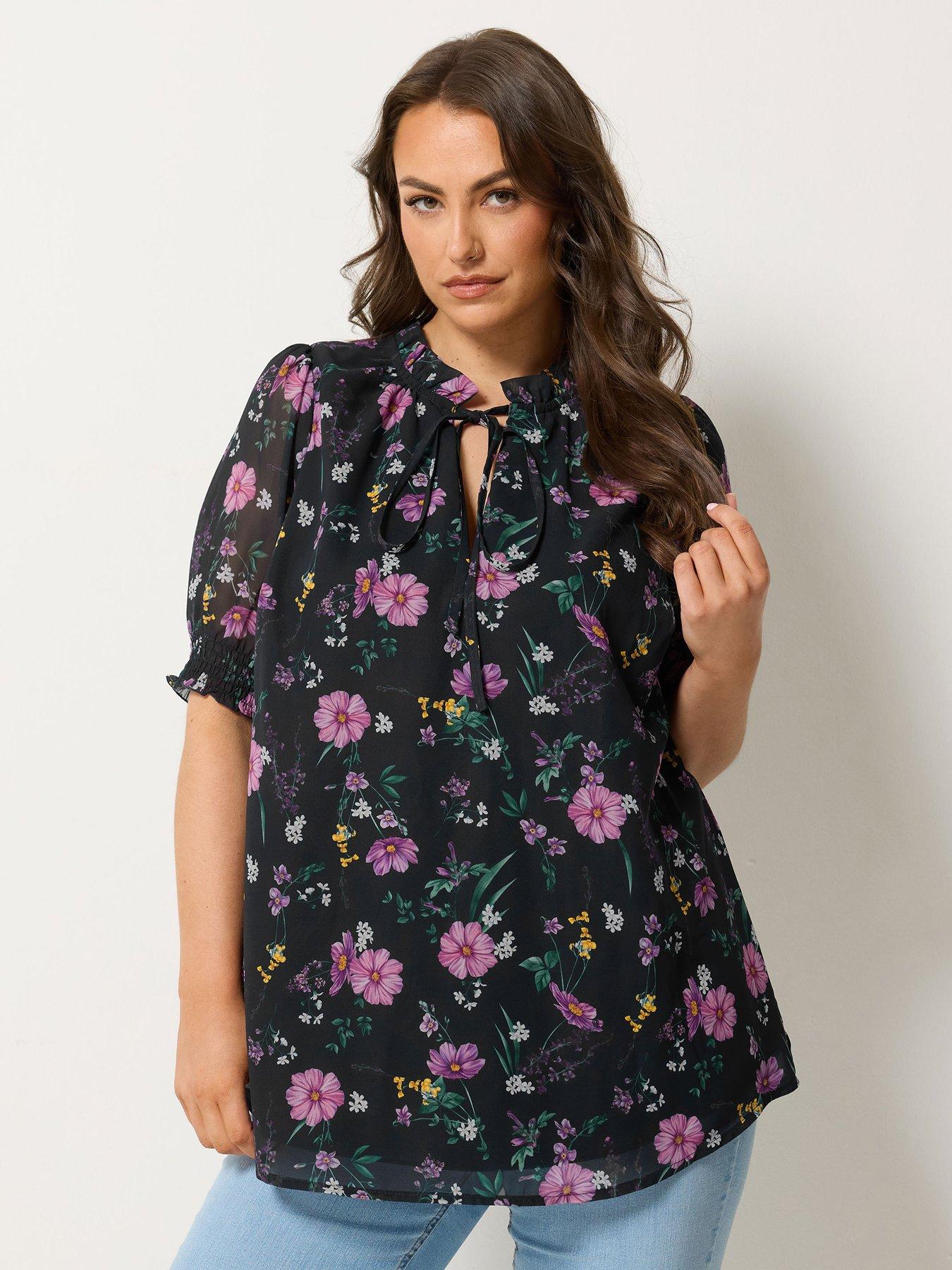 Yours Floral Print Pintuck Blouse - Black