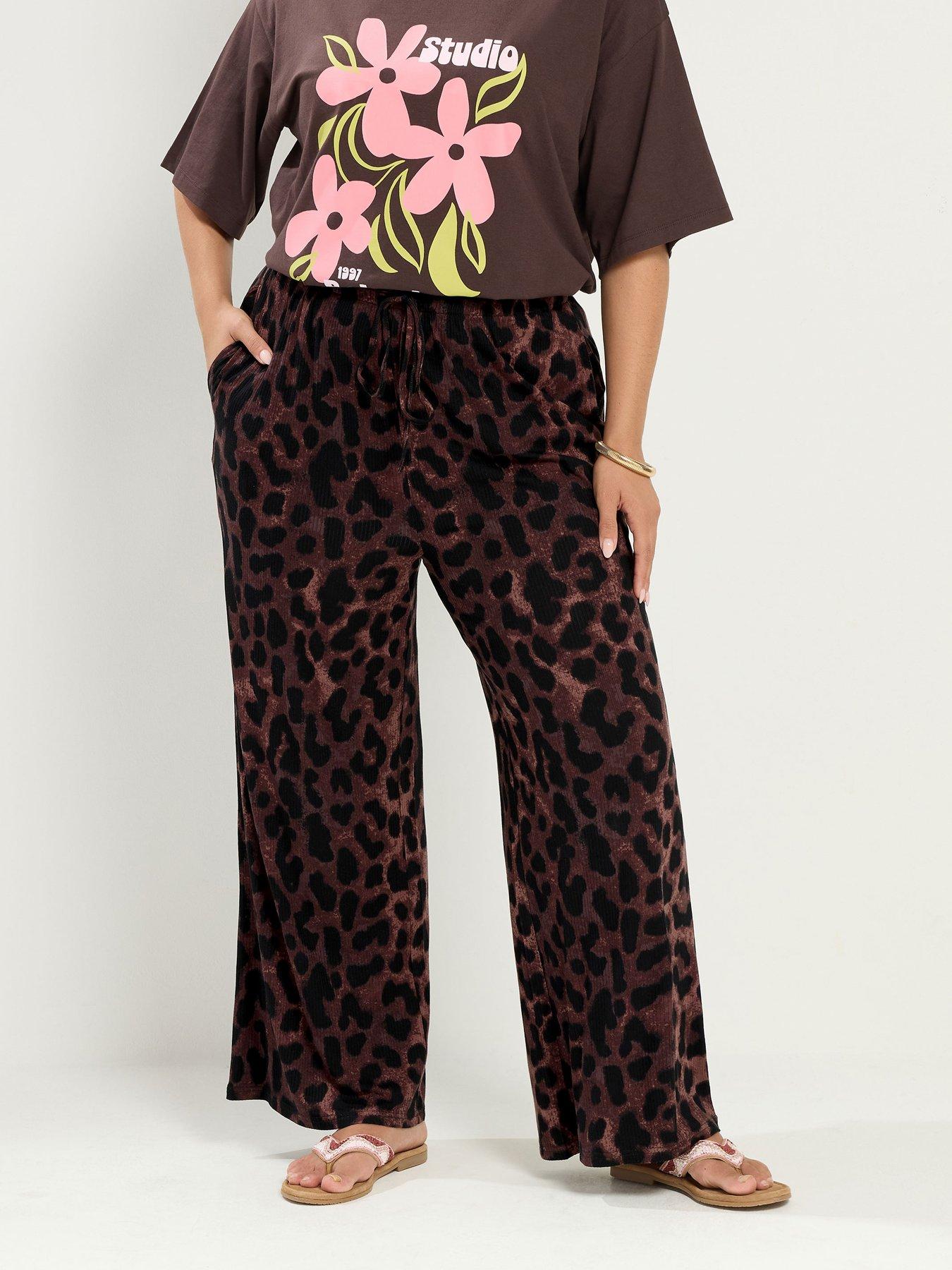 Yours Curve Co-Ord Rib Leopard Print Trousers 30" - Brown