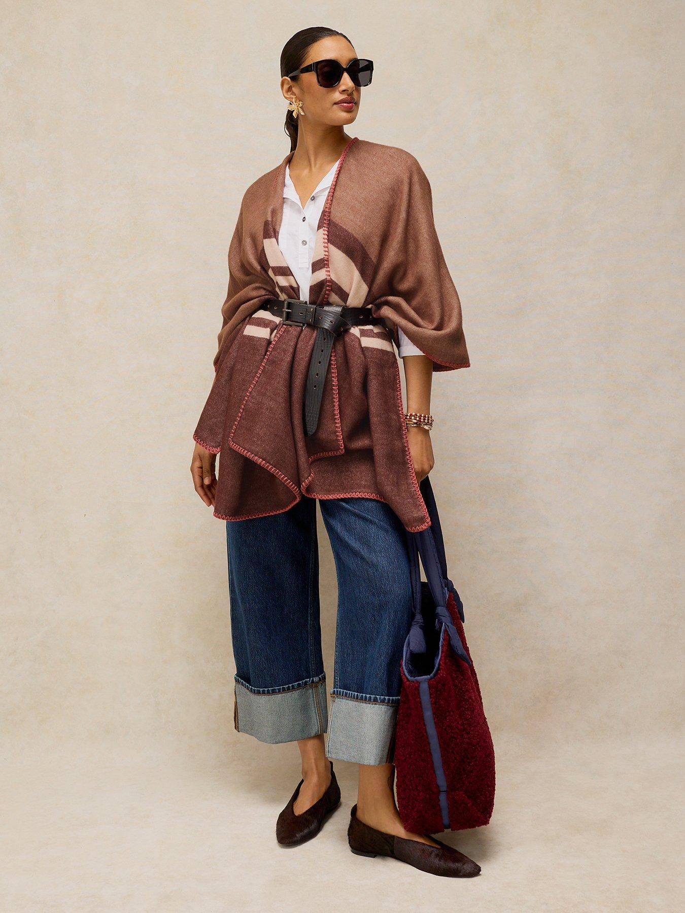 White Stuff Stripe Detail Poncho - Brown