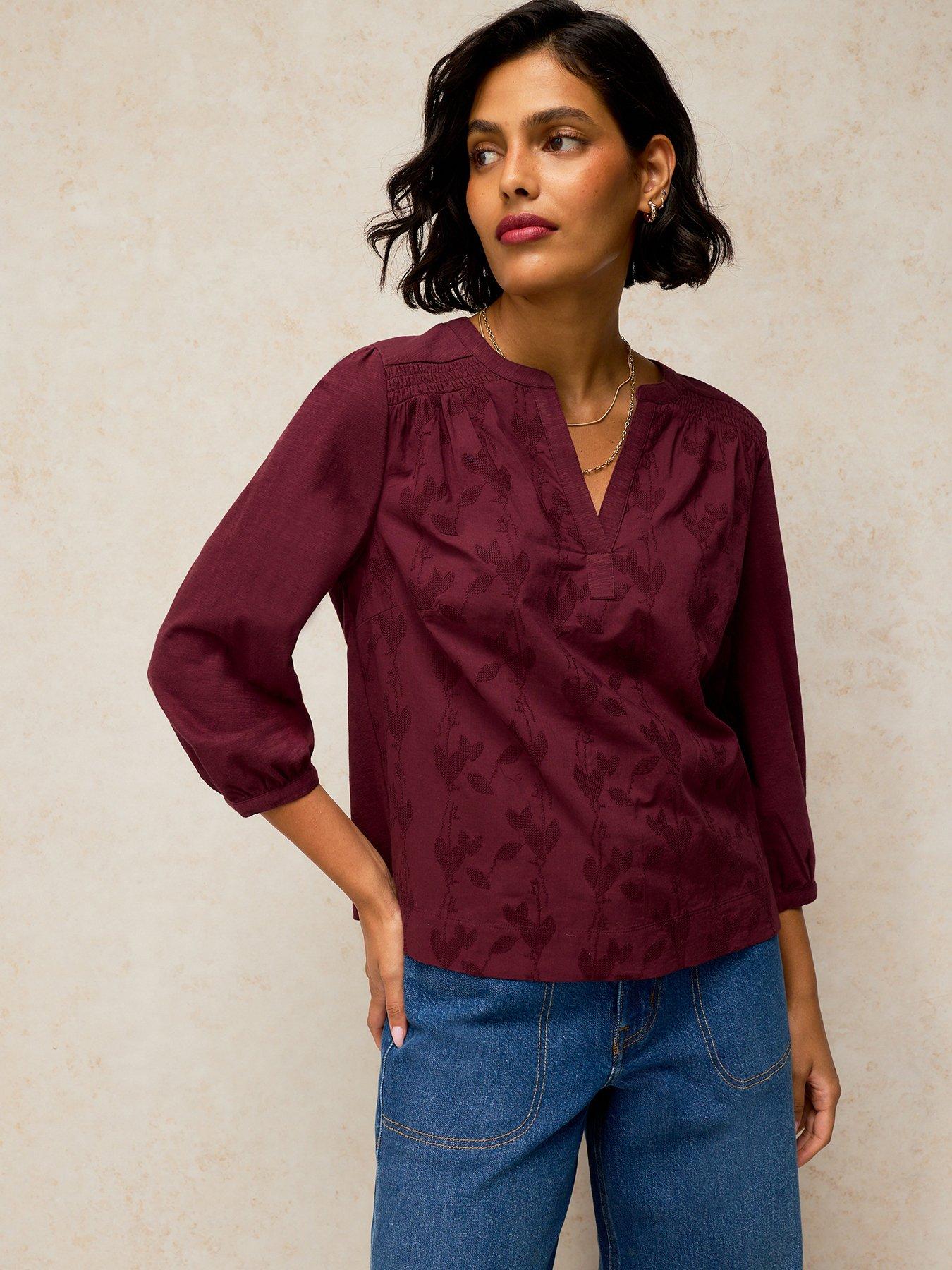 Image 1 of 5 of White Stuff Womens Amelia Embroidered Notch Neck 3/4 Sleeve Top - Purple