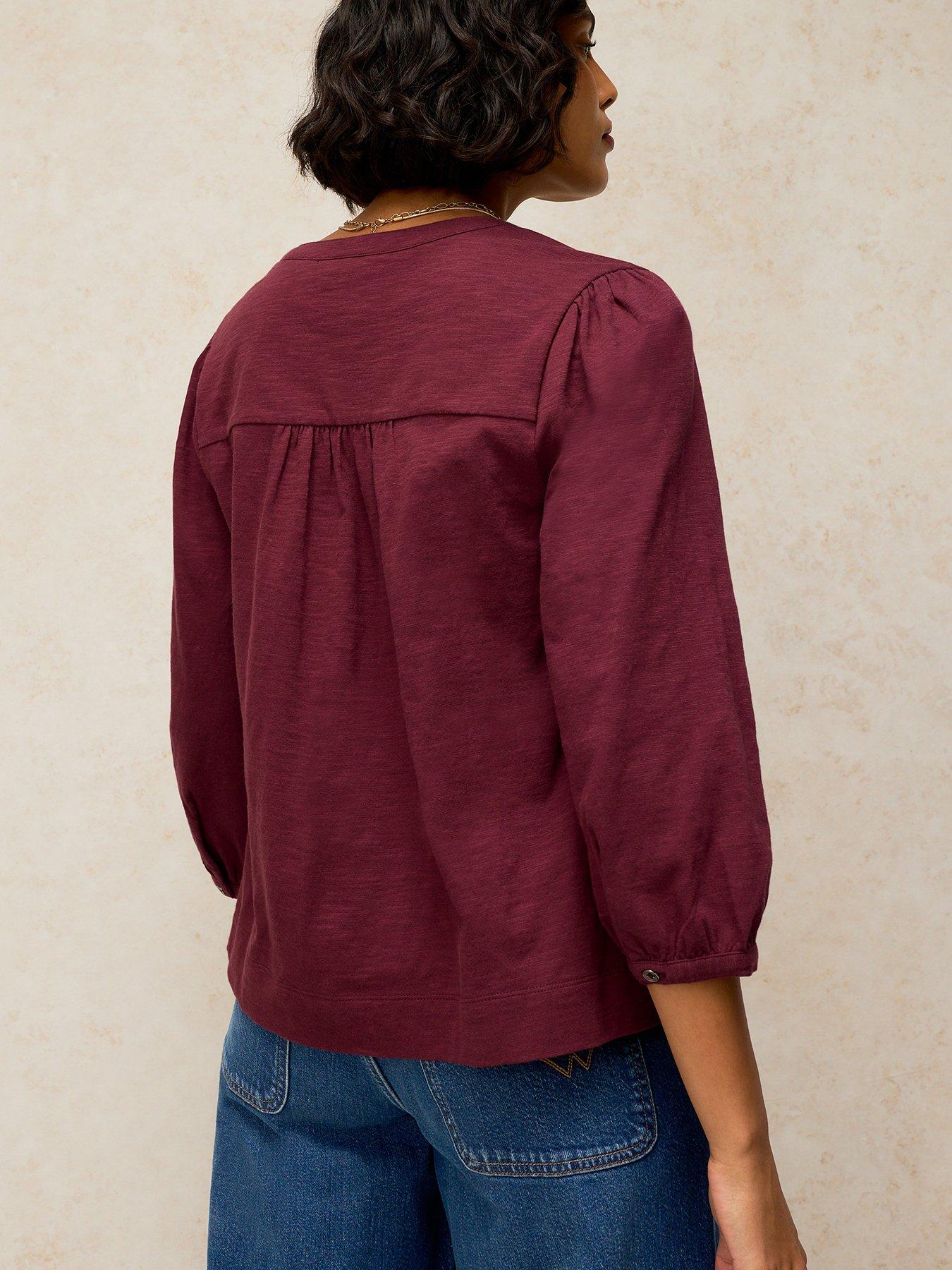 Image 2 of 5 of White Stuff Womens Amelia Embroidered Notch Neck 3/4 Sleeve Top - Purple