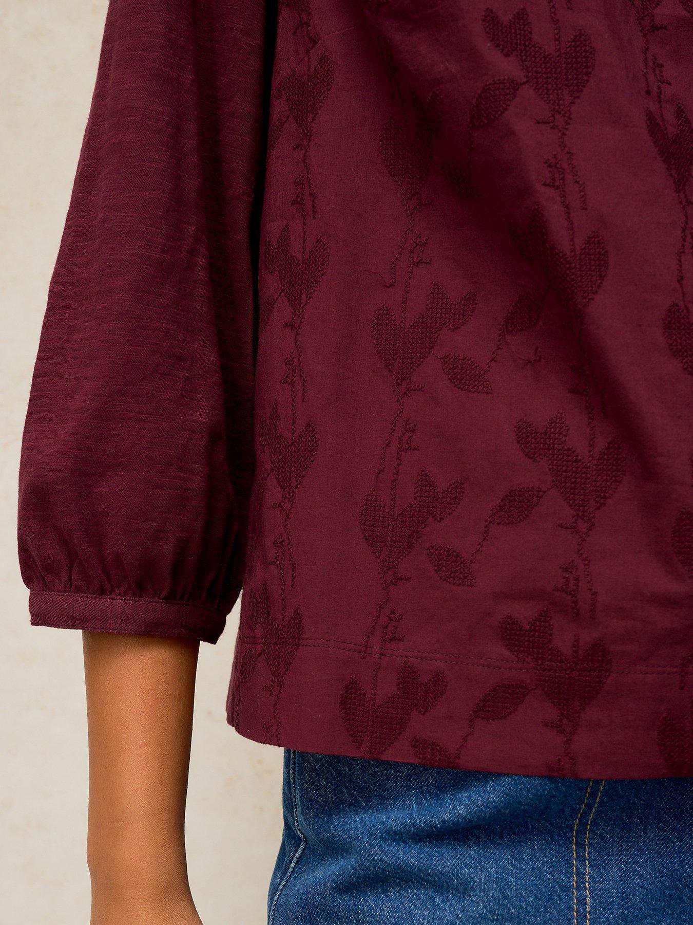Image 4 of 5 of White Stuff Womens Amelia Embroidered Notch Neck 3/4 Sleeve Top - Purple