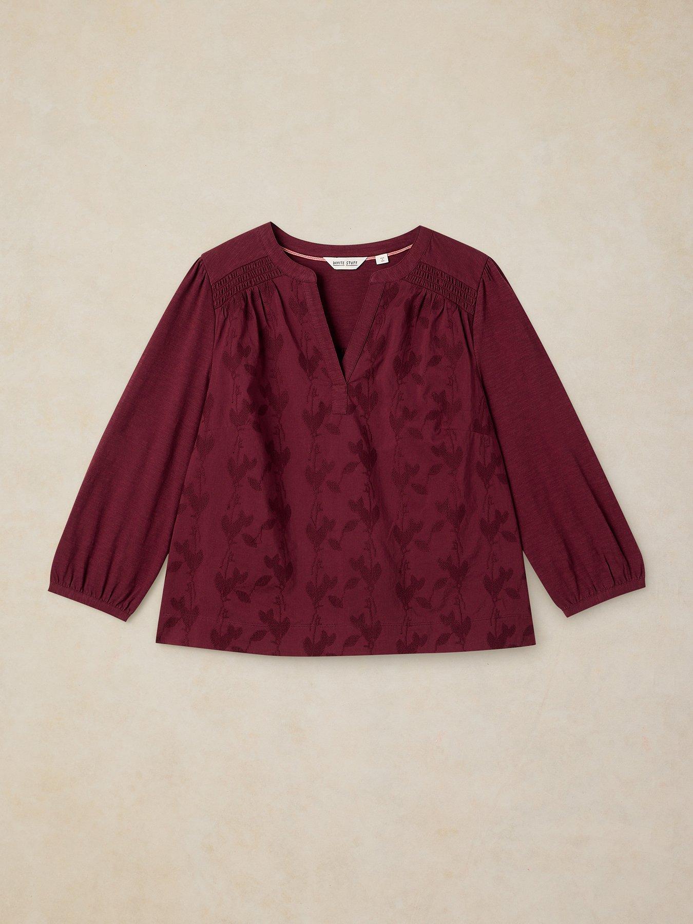 Image 5 of 5 of White Stuff Womens Amelia Embroidered Notch Neck 3/4 Sleeve Top - Purple